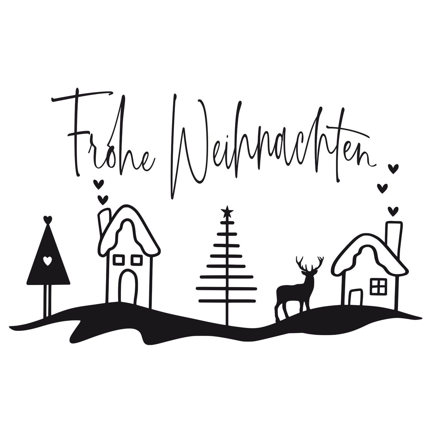Frohe Weihnachten Schriftzug mit schwarzen Weihnachtsmotiven.