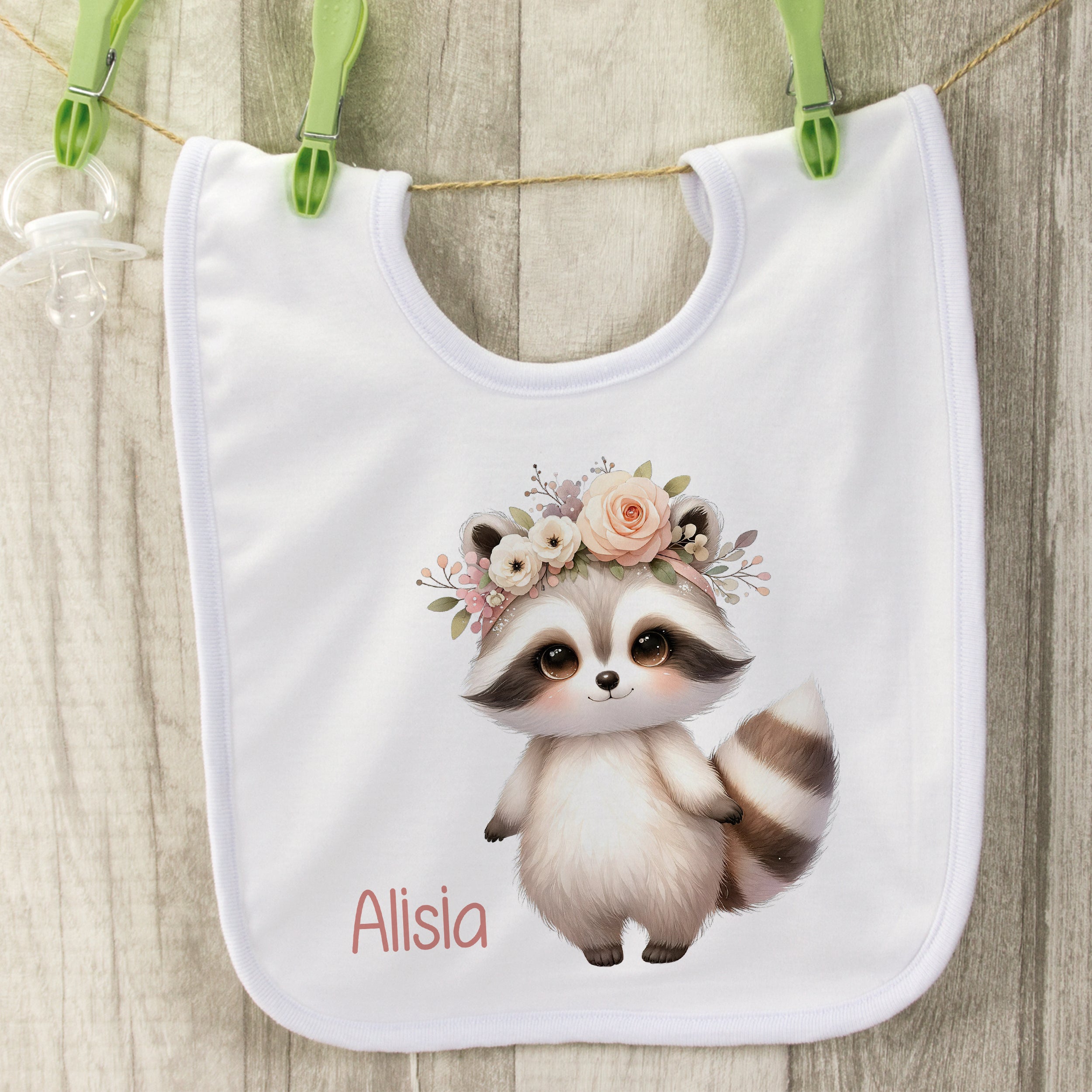 Baby Lätzchen Waschbär mit Blumenkranz