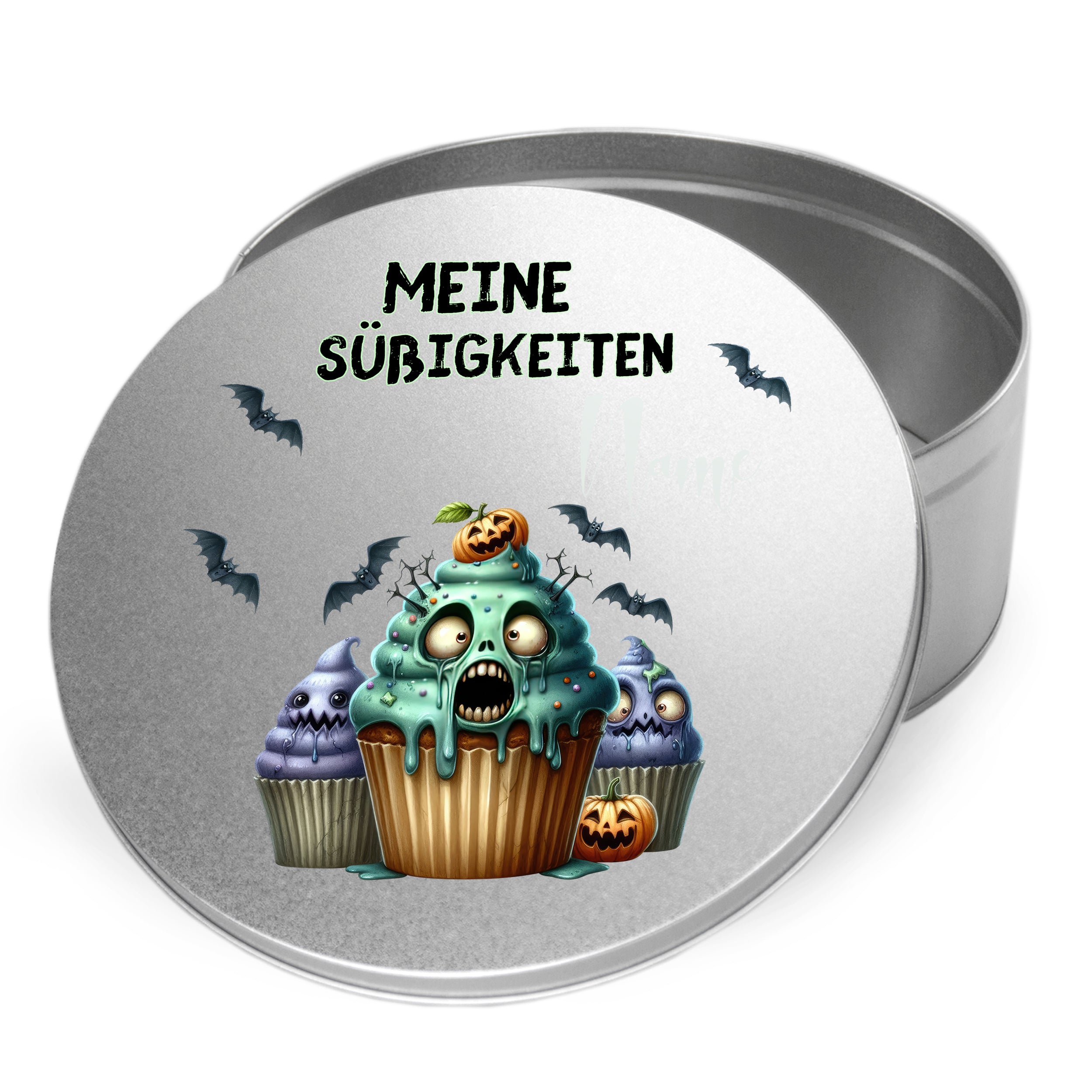 Metalldose mit gruseligen Cupcakes und Halloween-Motiv.