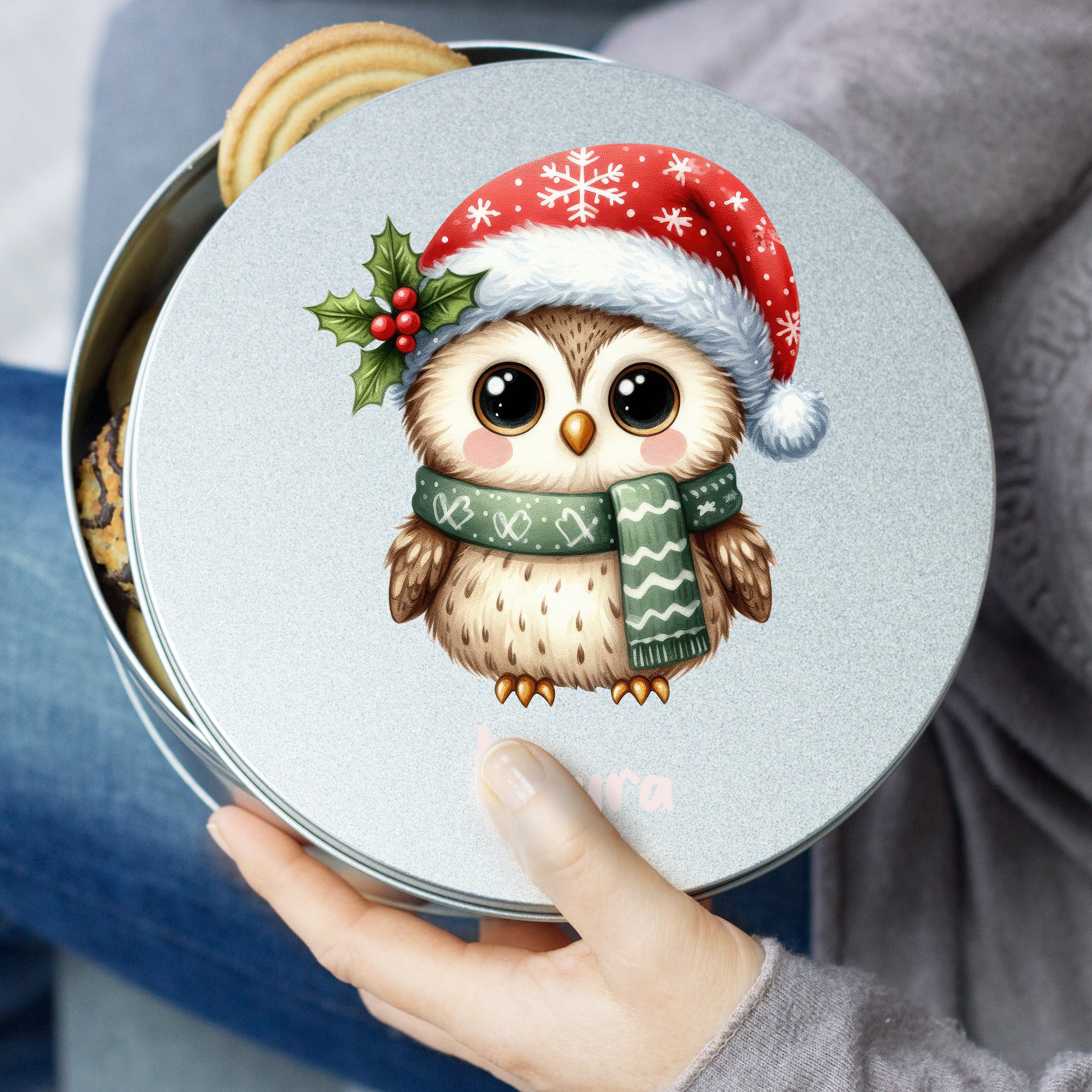 Keksdose mit niedlicher Eule im Weihnachtsdesign.