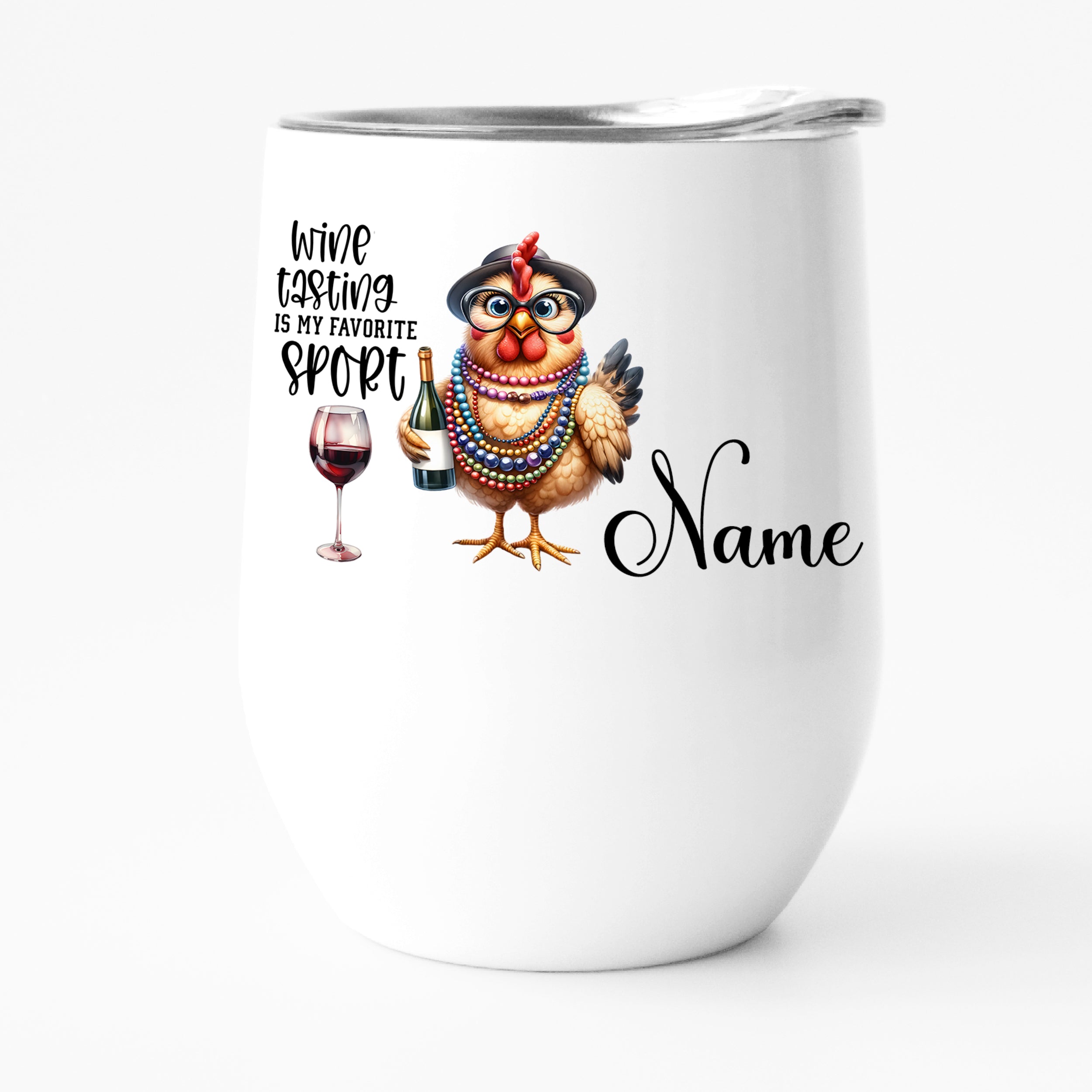 Weinbecher mit lustiger Huhn-Grafik