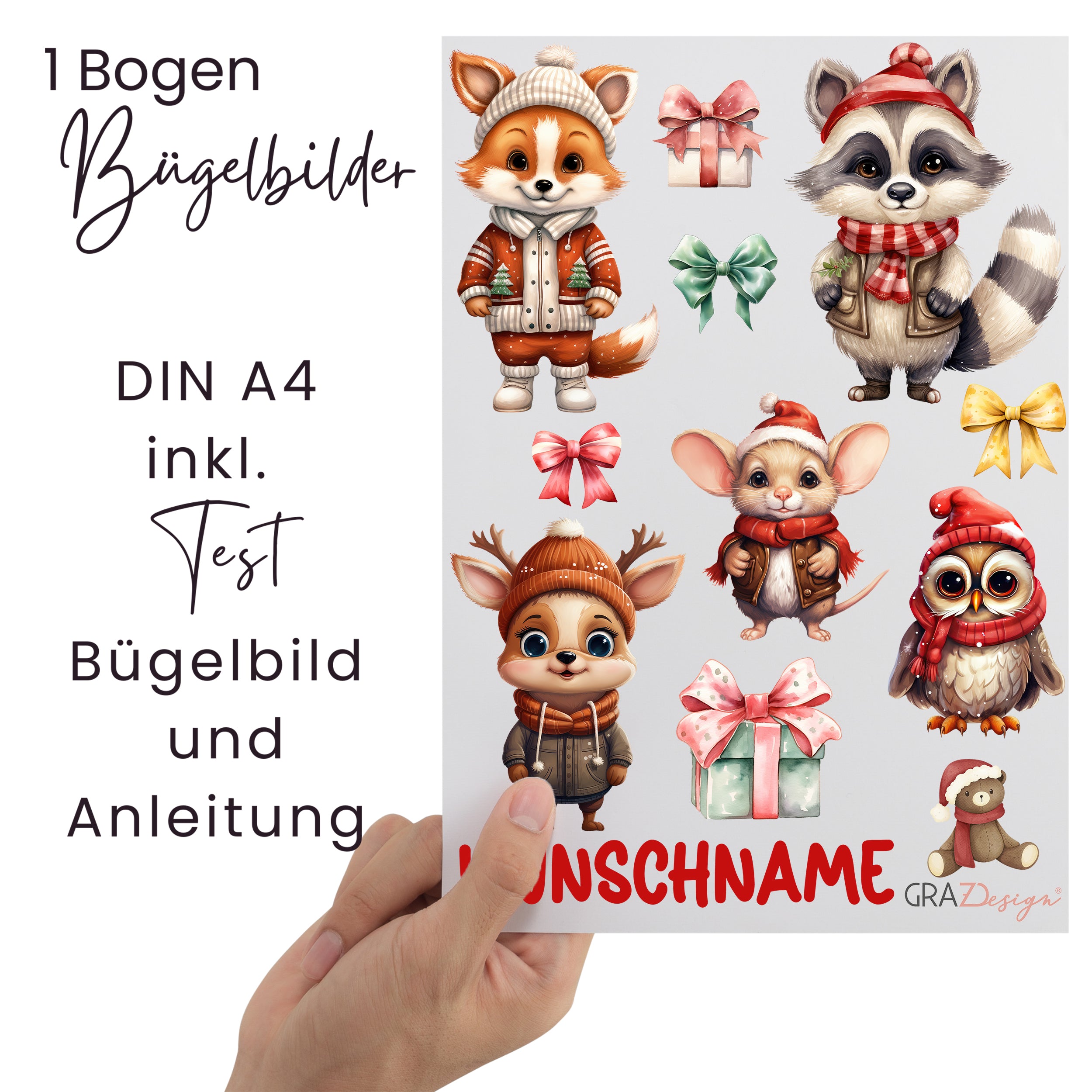 Bügelbilder mit Tieren und Geschenken, DIN A4, bunt.