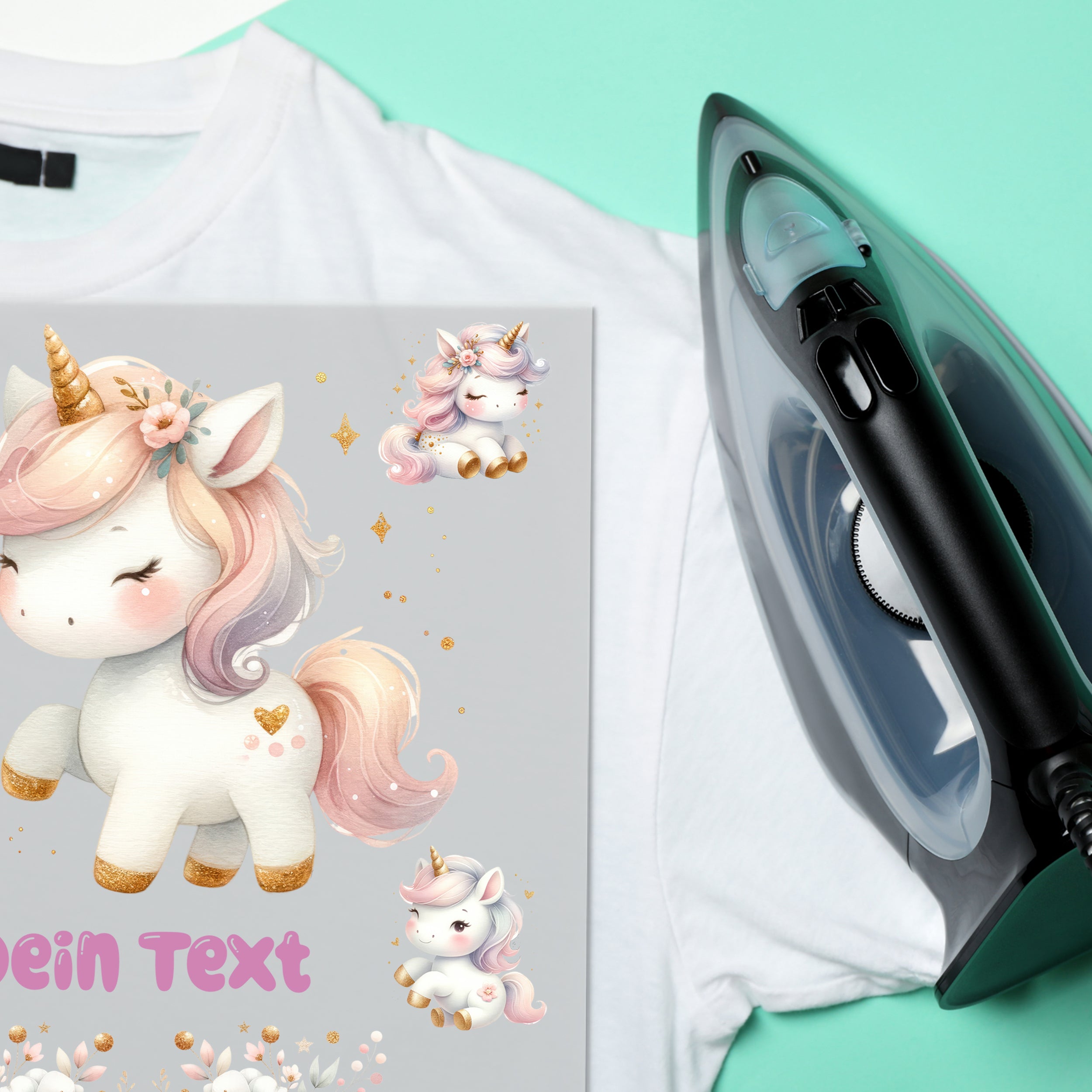 Weißes T-Shirt mit buntem Einhorn-Design und Dampfbügeleisen.