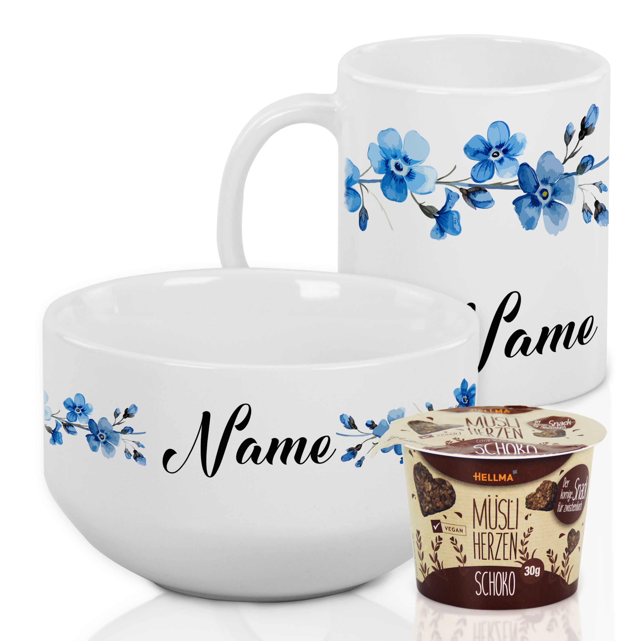 Set Müslischale mit Tasse - Blaue Blüten