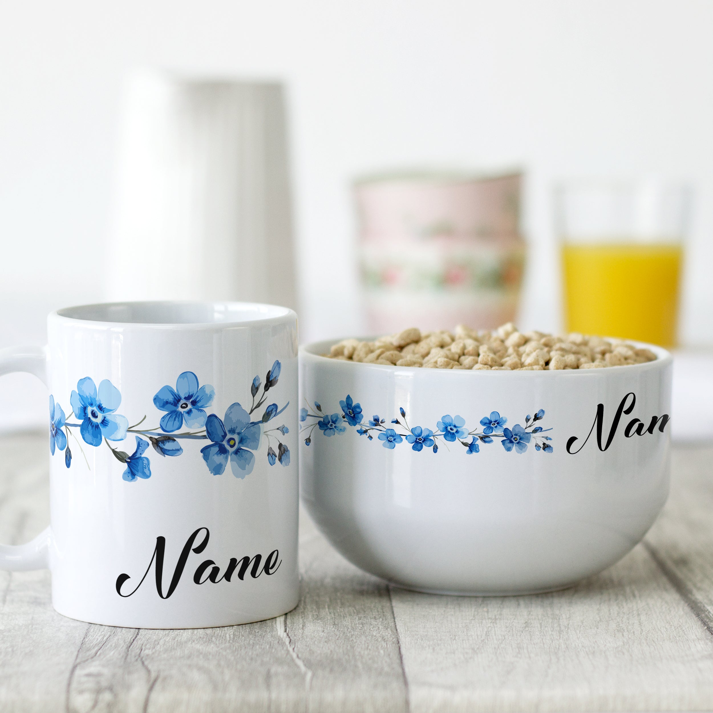 Set Müslischale mit Tasse - Blaue Blüten