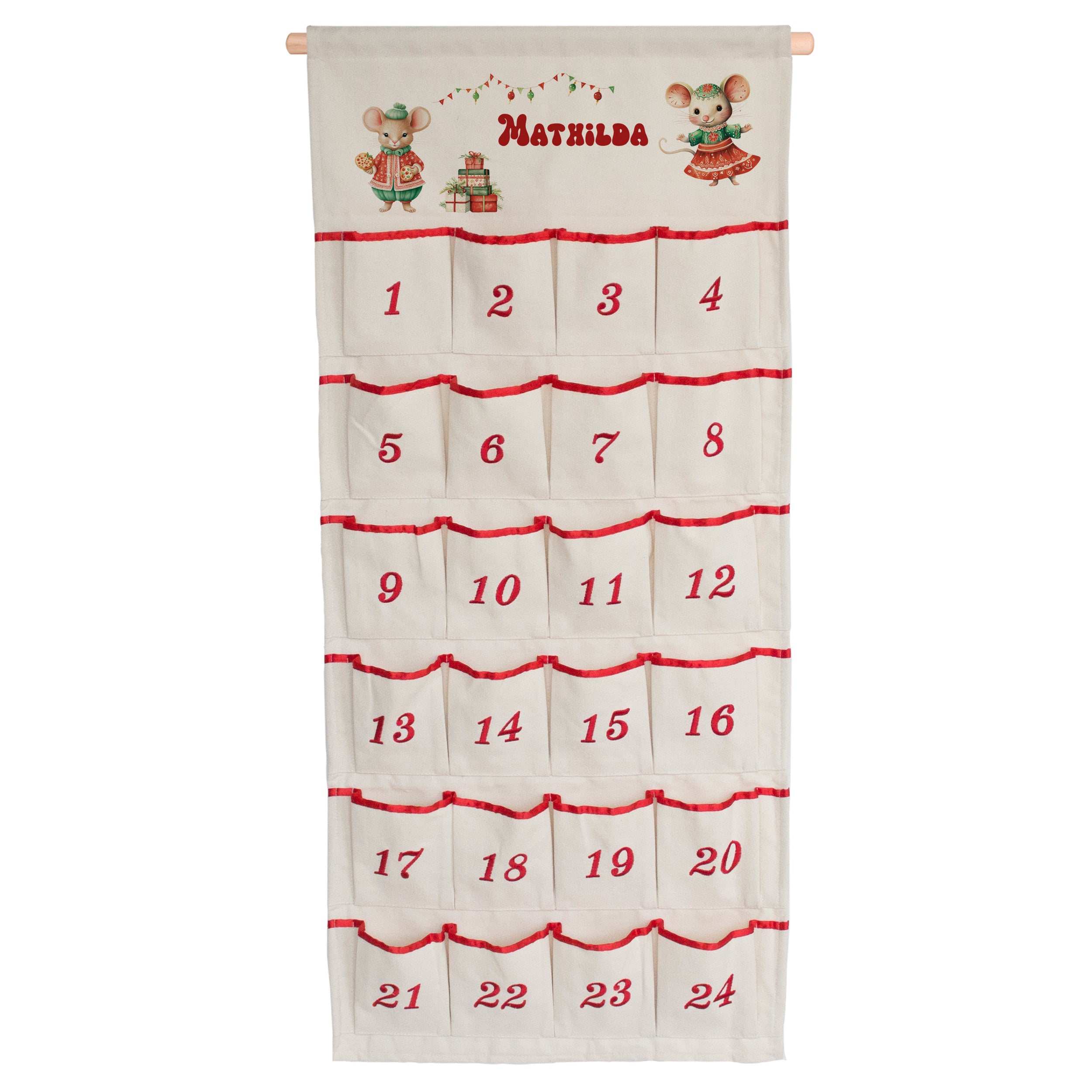 Adventskalender mit roten Zahlen und Mäusemotiven.
