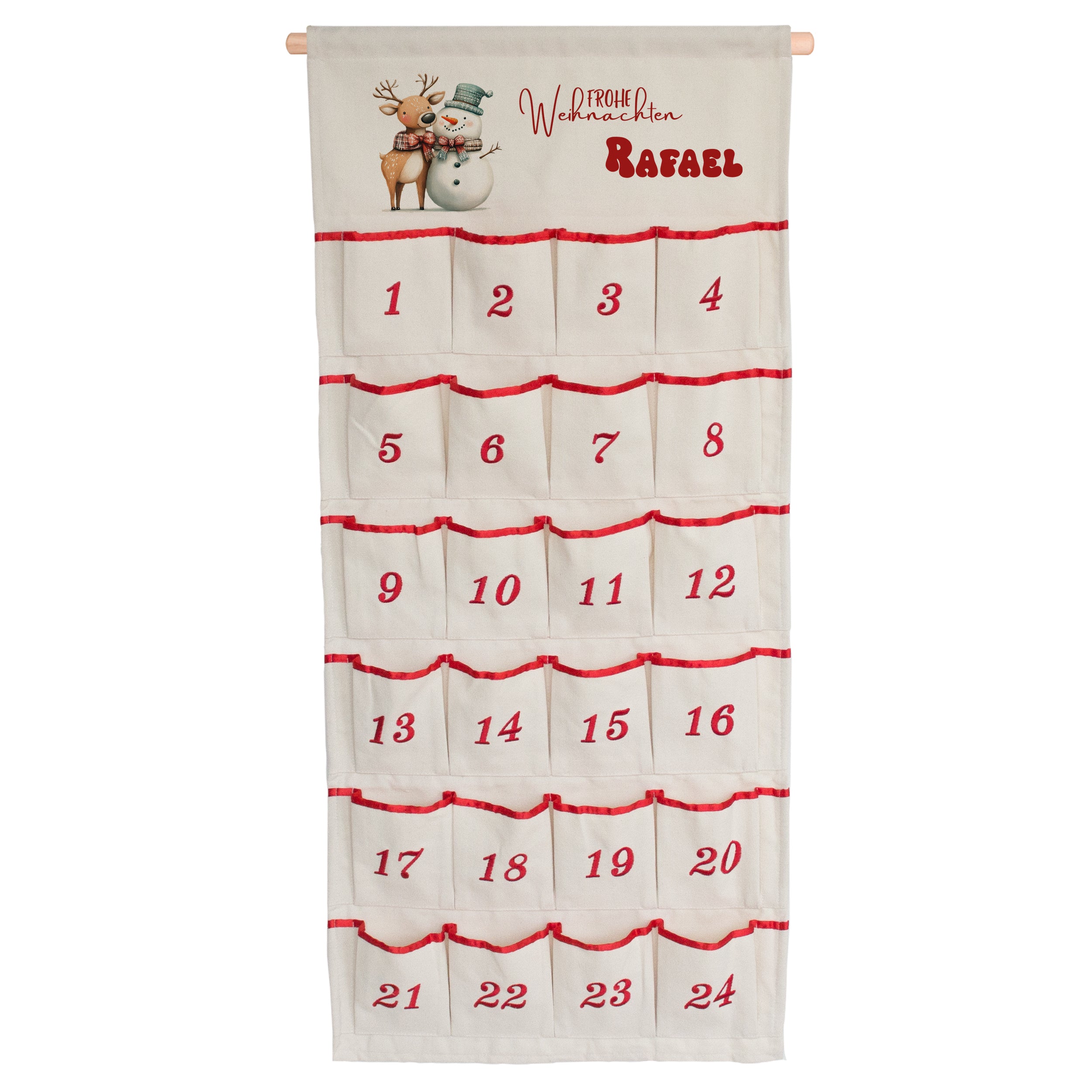 Adventskalender aus Stoff, beige mit roten Zahlen und Motiven.