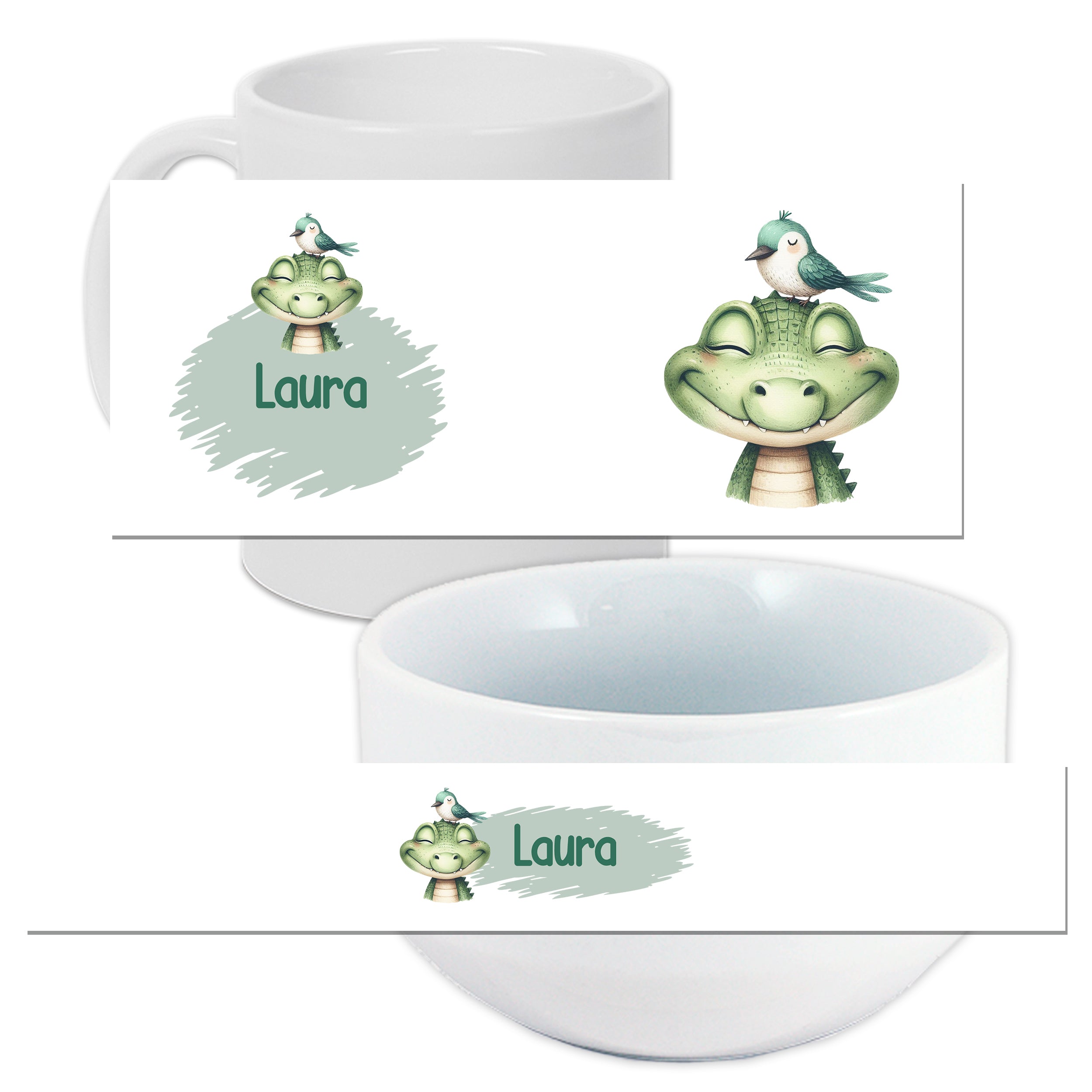 Personalisierte weiße Tasse und Schüssel mit Krokodil-Design.