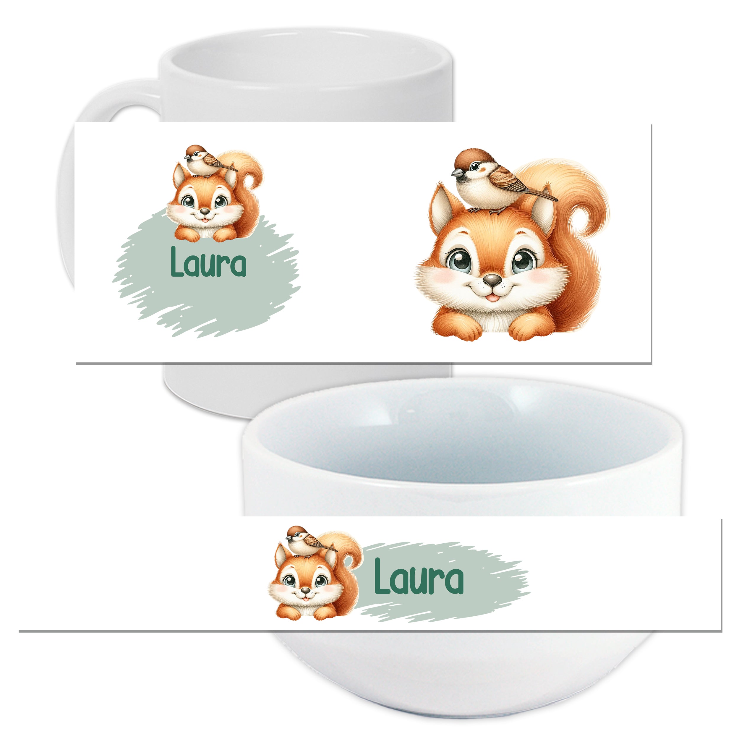 Tasse und Schüssel mit Eichhörnchen-Motiv und Name Laura.