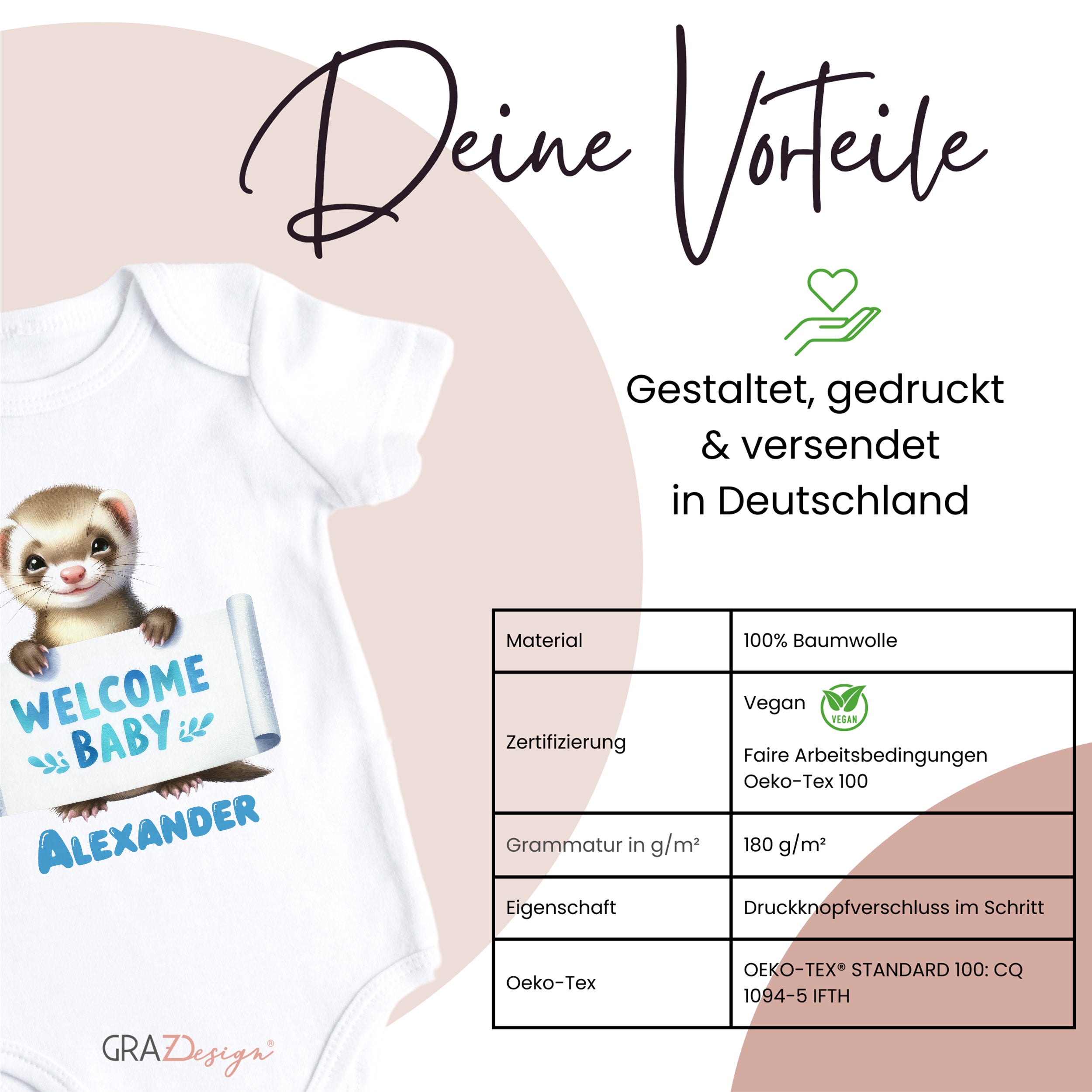 Babybody mit süßem Frettchen - Willkommen Baby Alexander