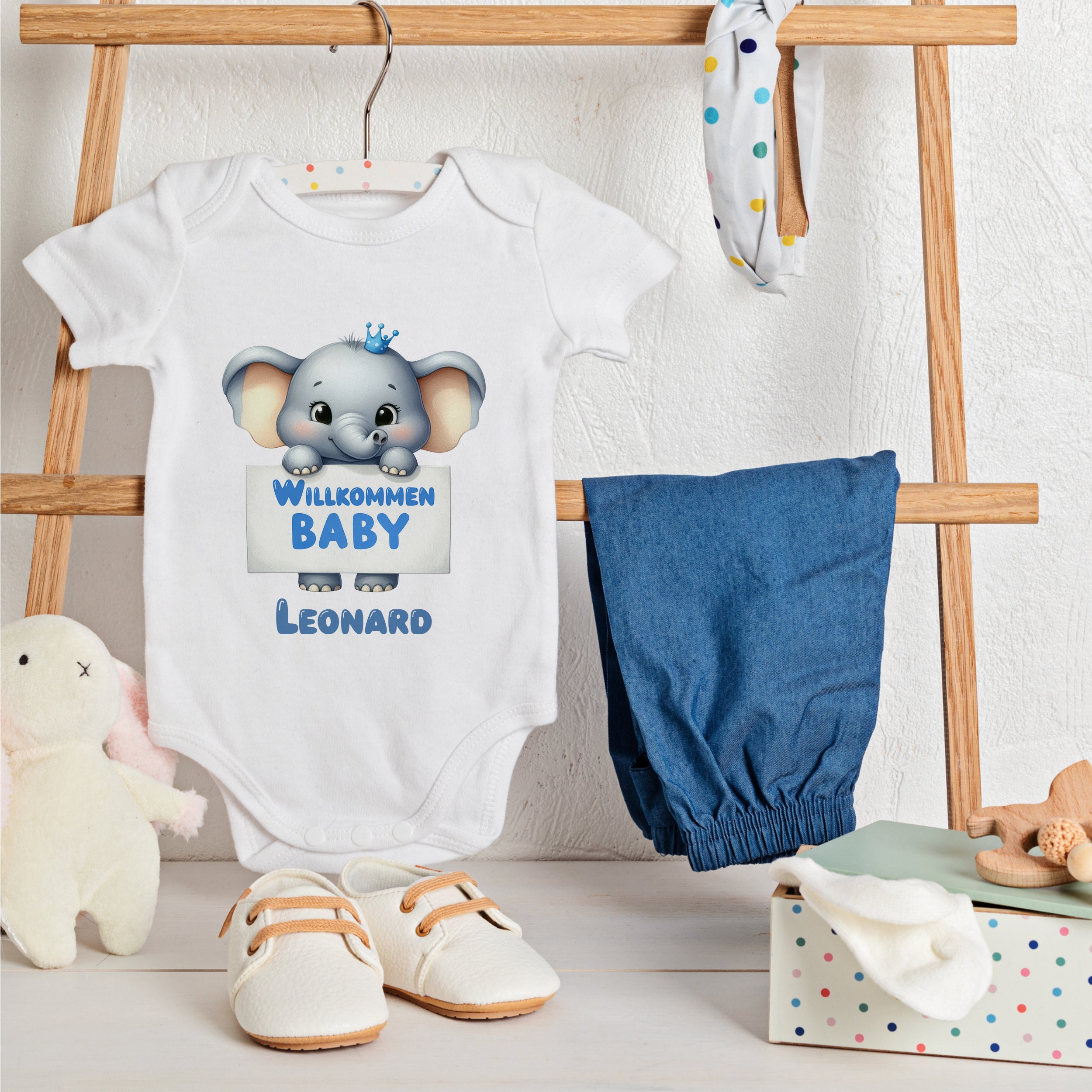 Babybody mit Elefant - Willkommen, kleiner Leonard!