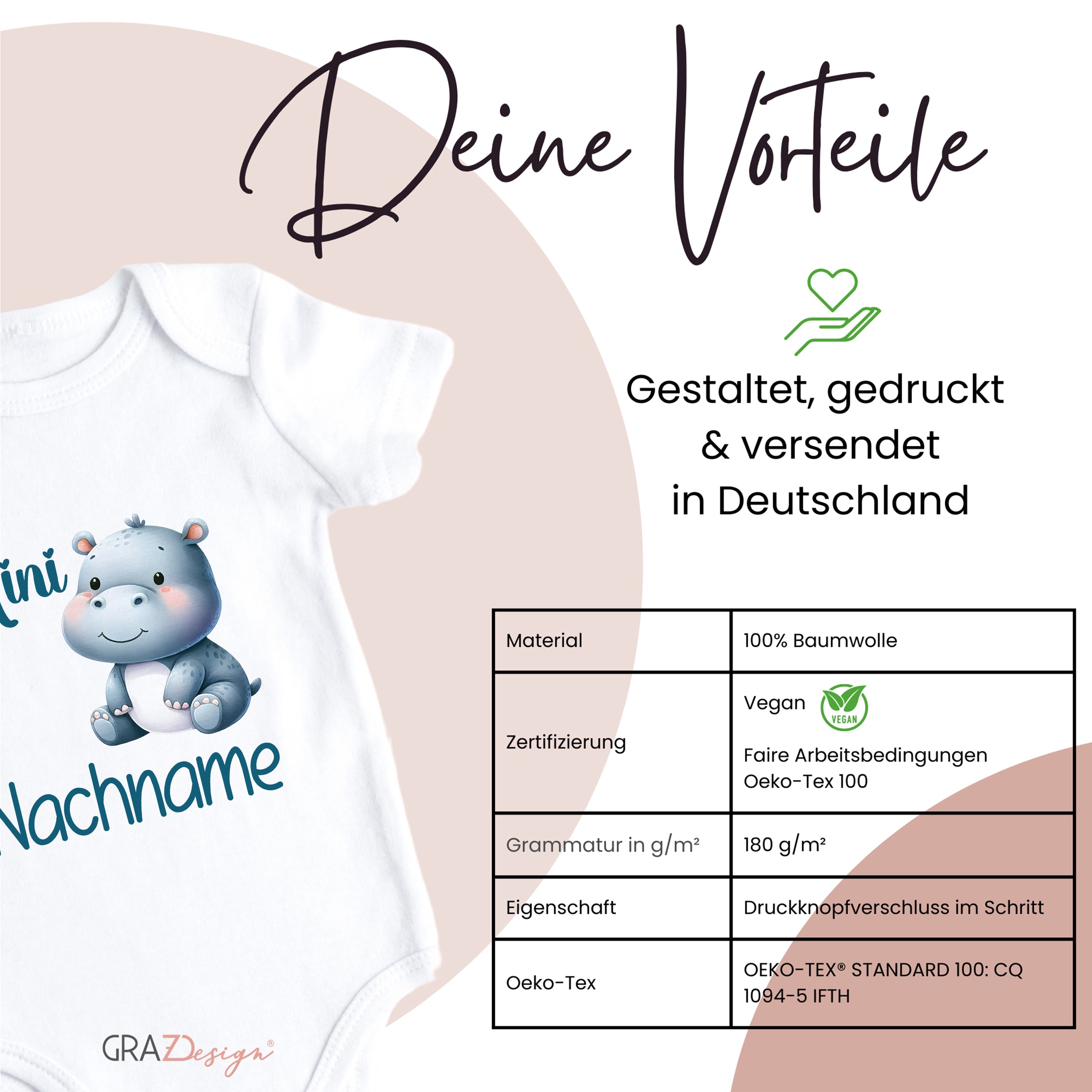 Babybody mit blauem Nilpferd-Design, 100% Baumwolle.