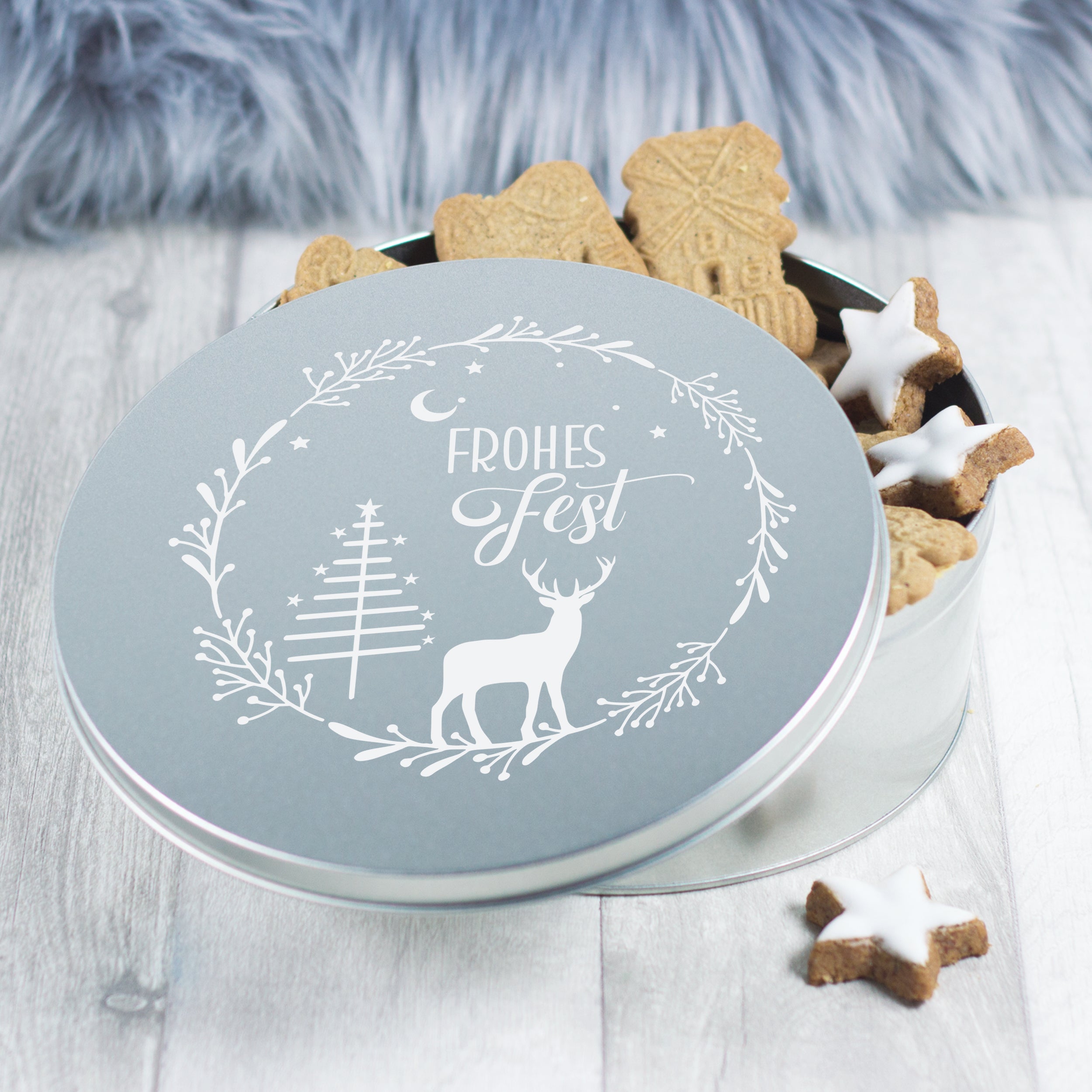 Keksdose mit Weihnachtsmotiv - Frohes Fest für besinnliche Momente