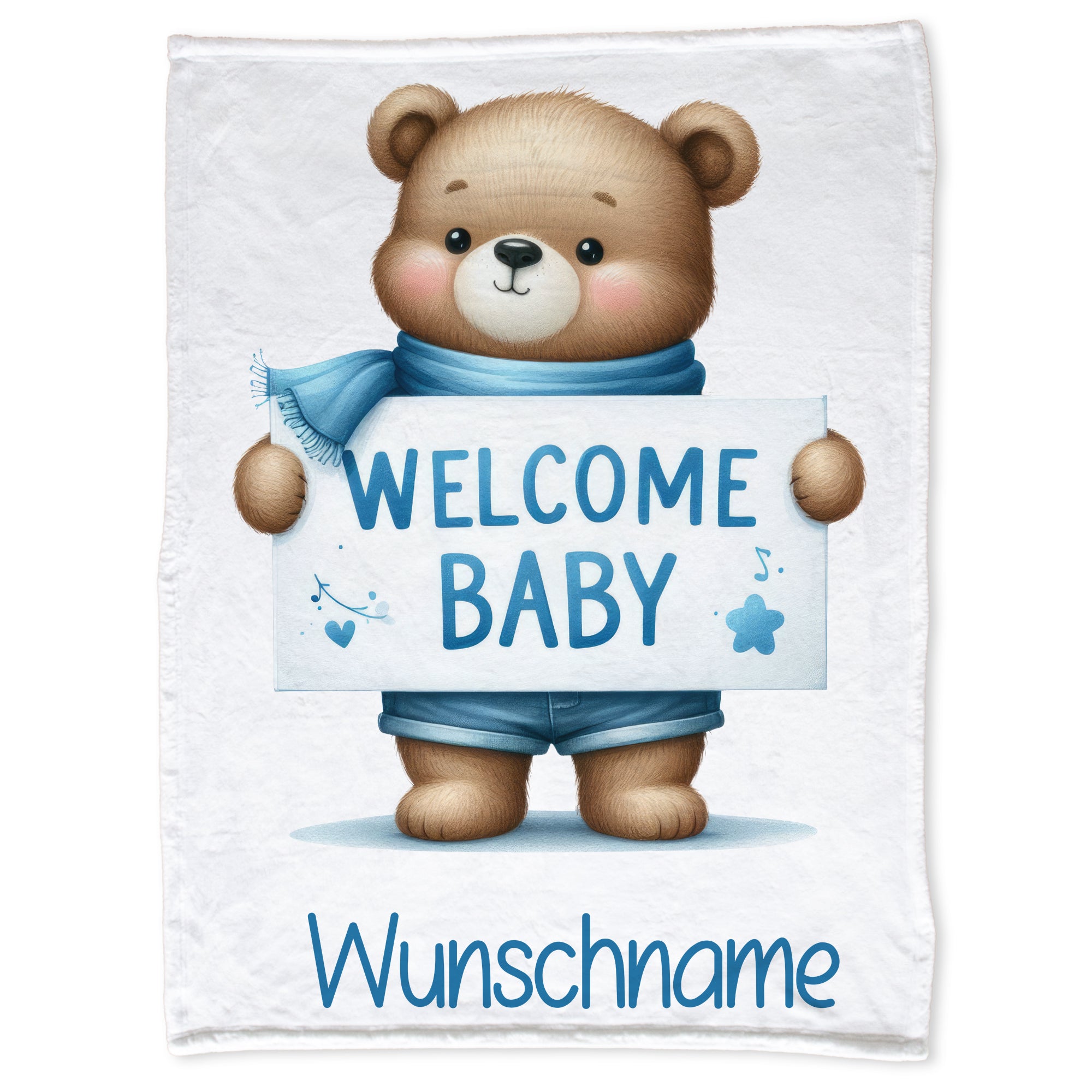 Babydecke Bär mit Willkommensschild in Blau