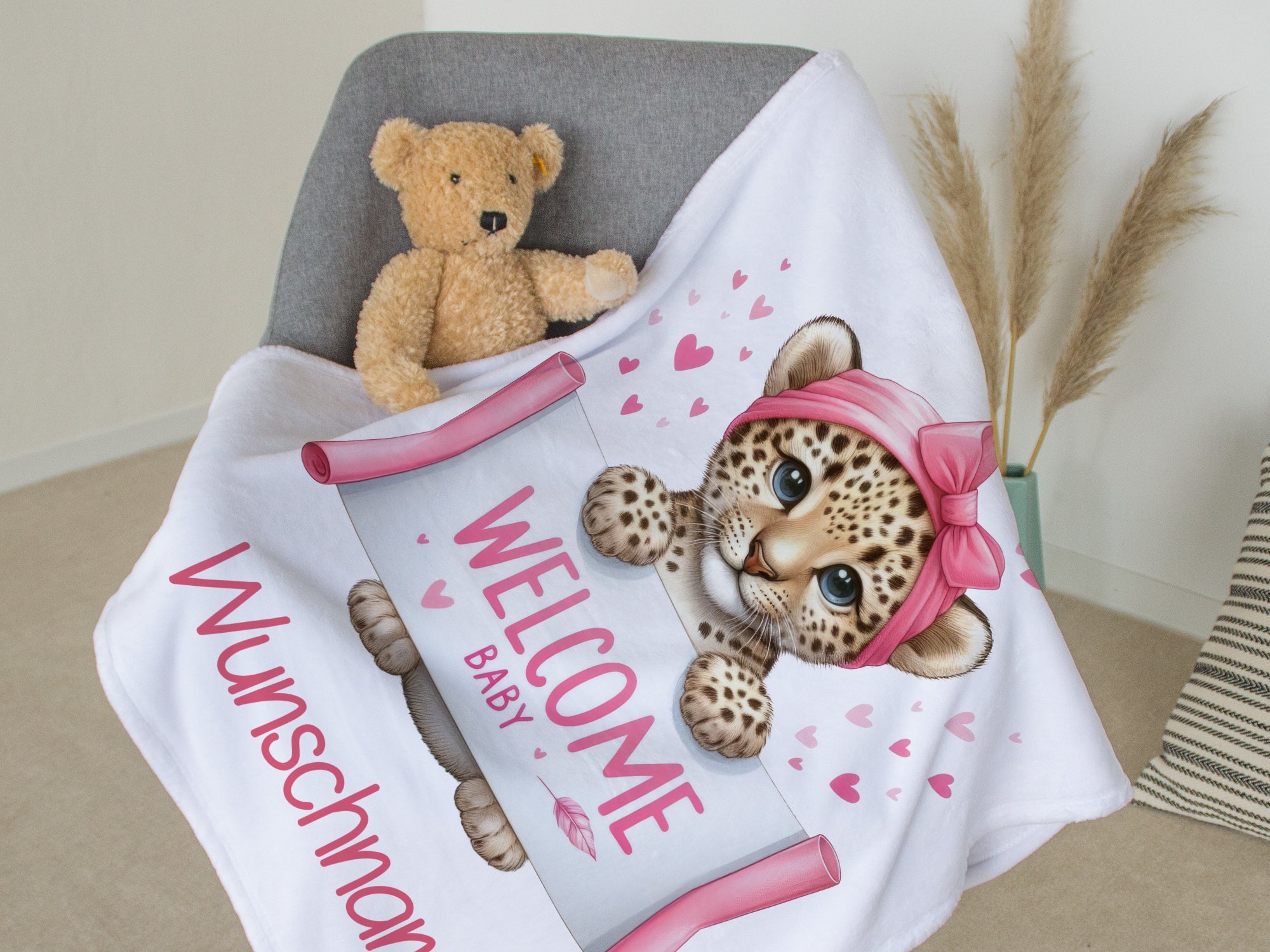 Babydecke mit Leoparden-Motiv in rosa