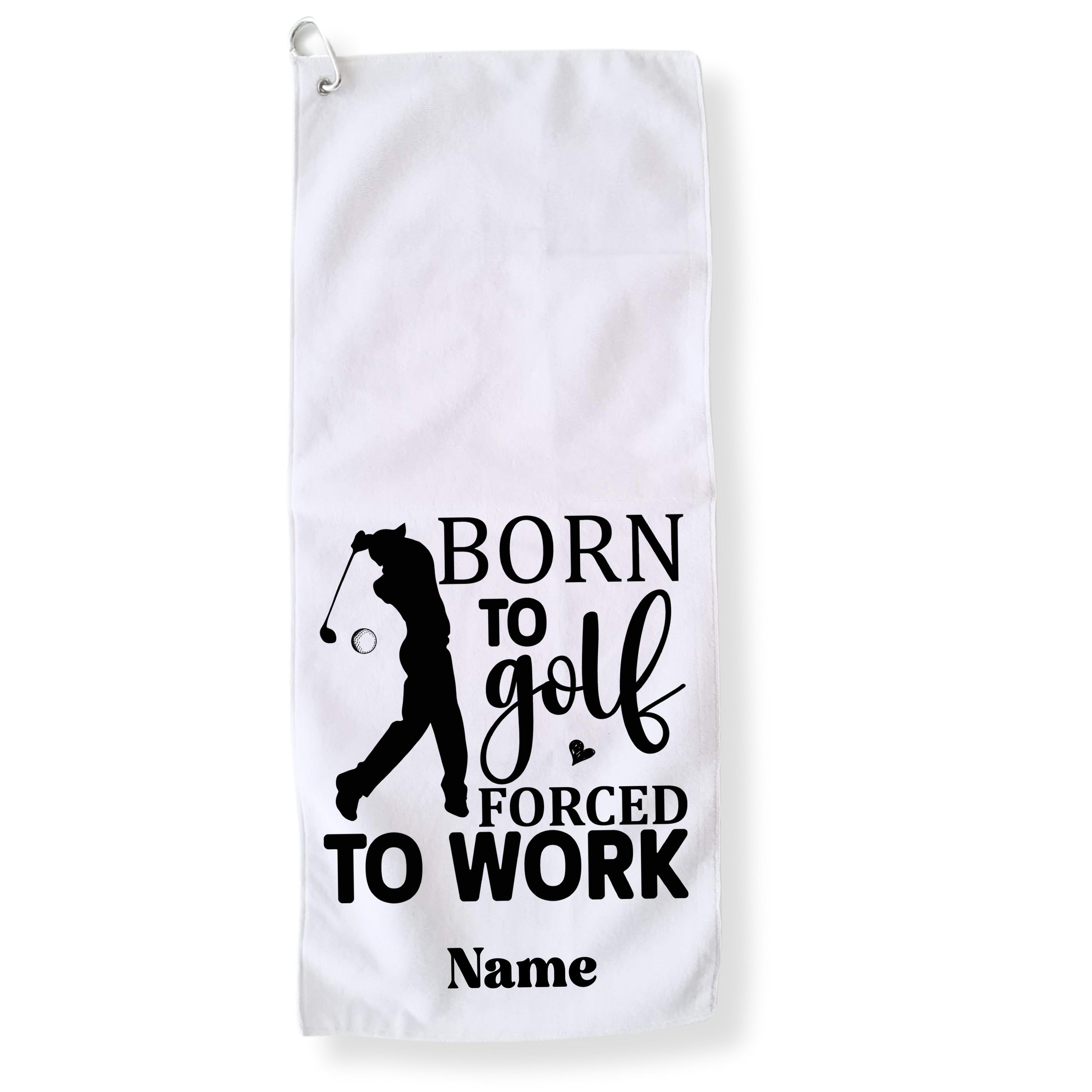 Weißes Golfhandtuch mit schwarzem Druck und personalisierbarem Namen.