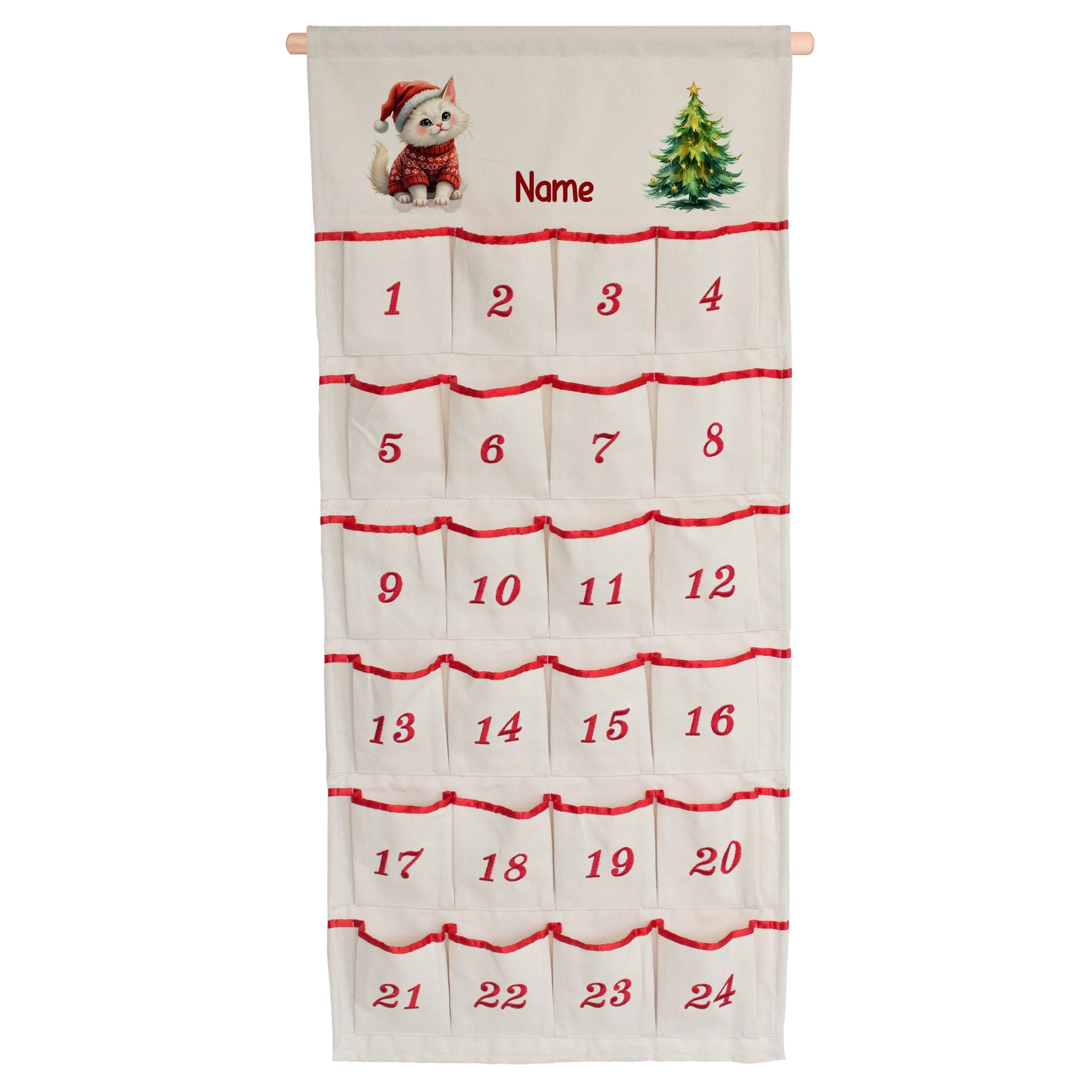 Adventskalender aus Stoff mit Wunschname, Kätzchen, Weihnachtsbaum und 24 nummerierten Taschen