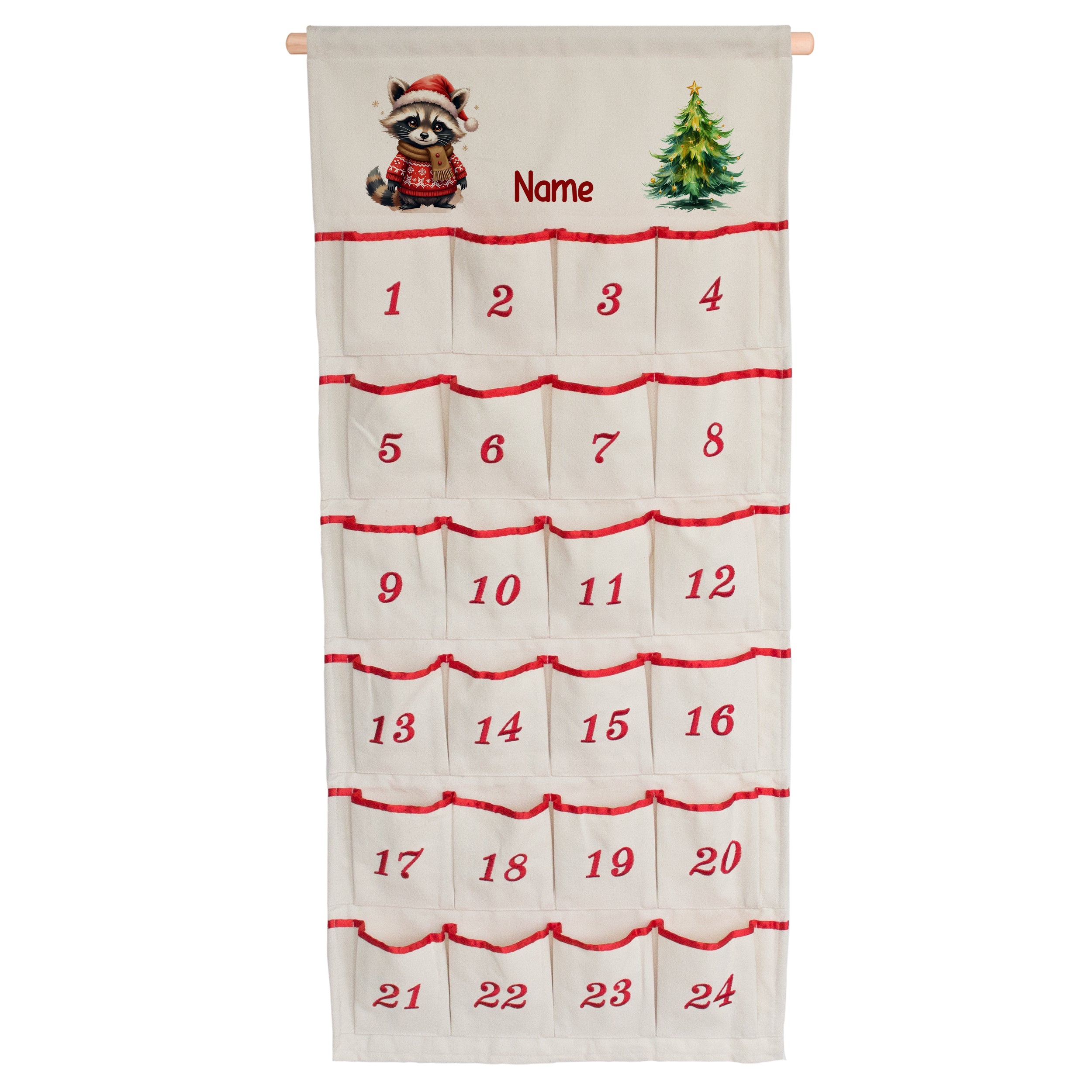 Adventskalender mit Waschbär-Motiv und roten Details.