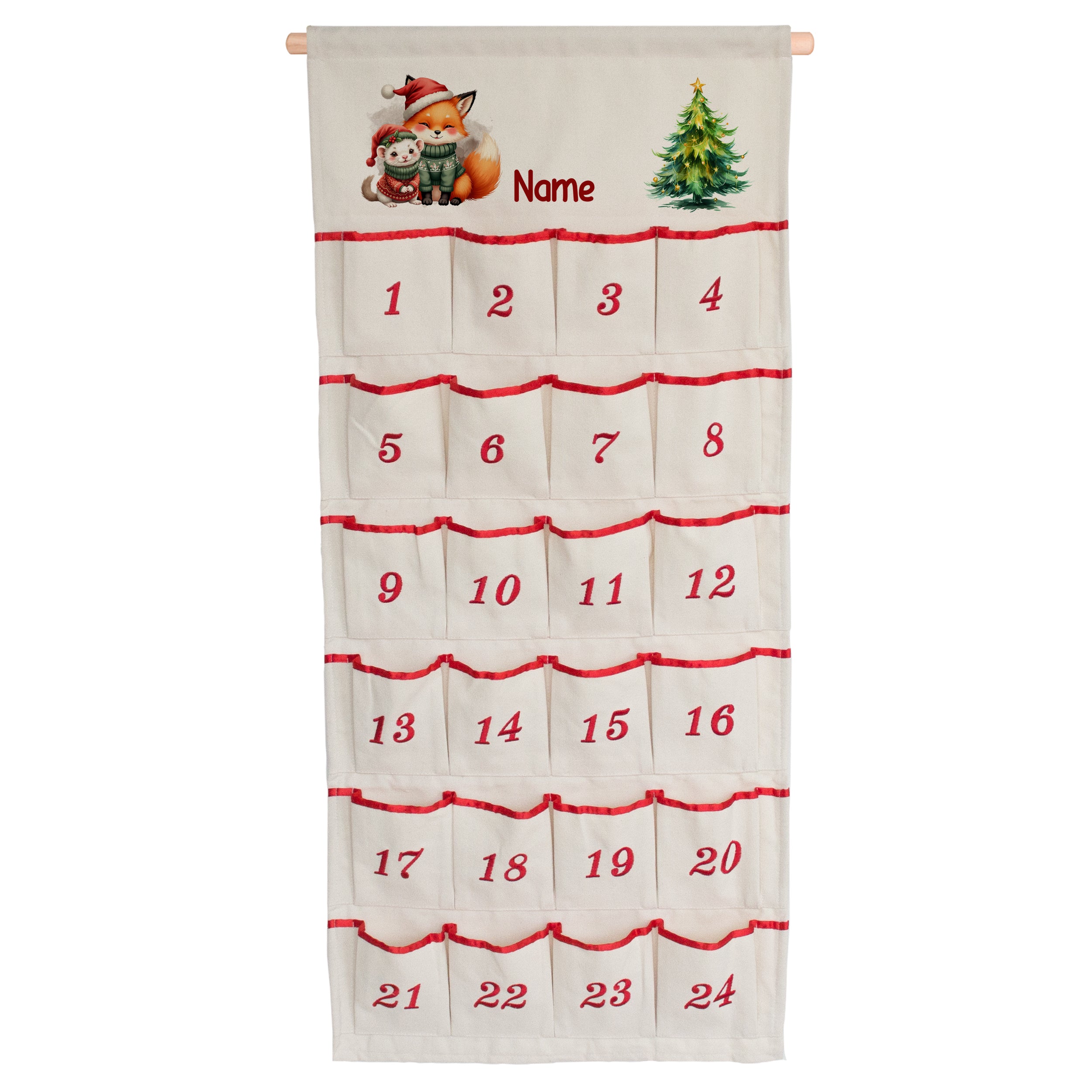 Adventskalender aus Stoff mit Wunschname, Fuchs, kleinem Waldtier und 24 nummerierten Taschen