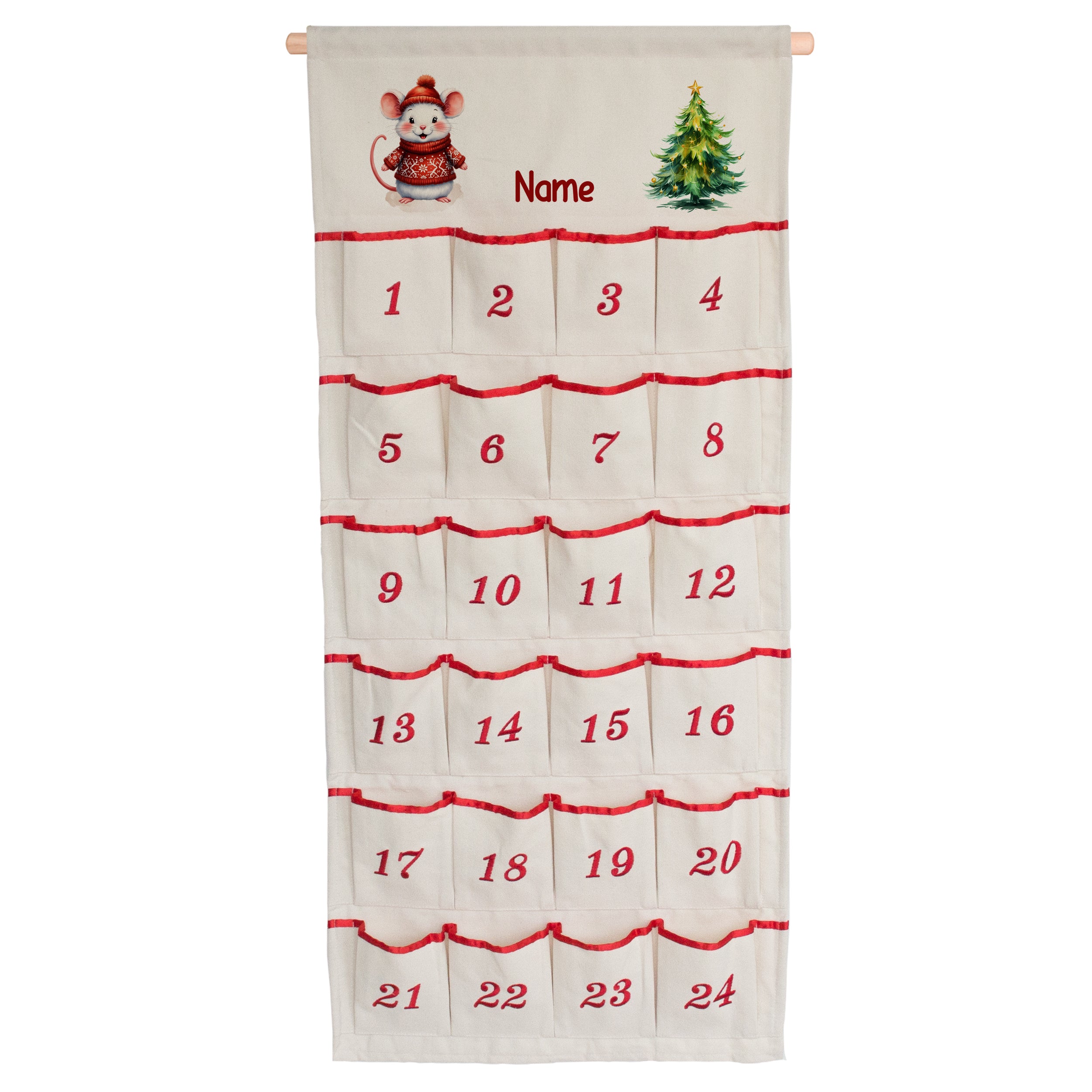 Adventskalender aus Stoff mit Wunschname, Maus, Weihnachtsbaum und 24 rot nummerierten Taschen