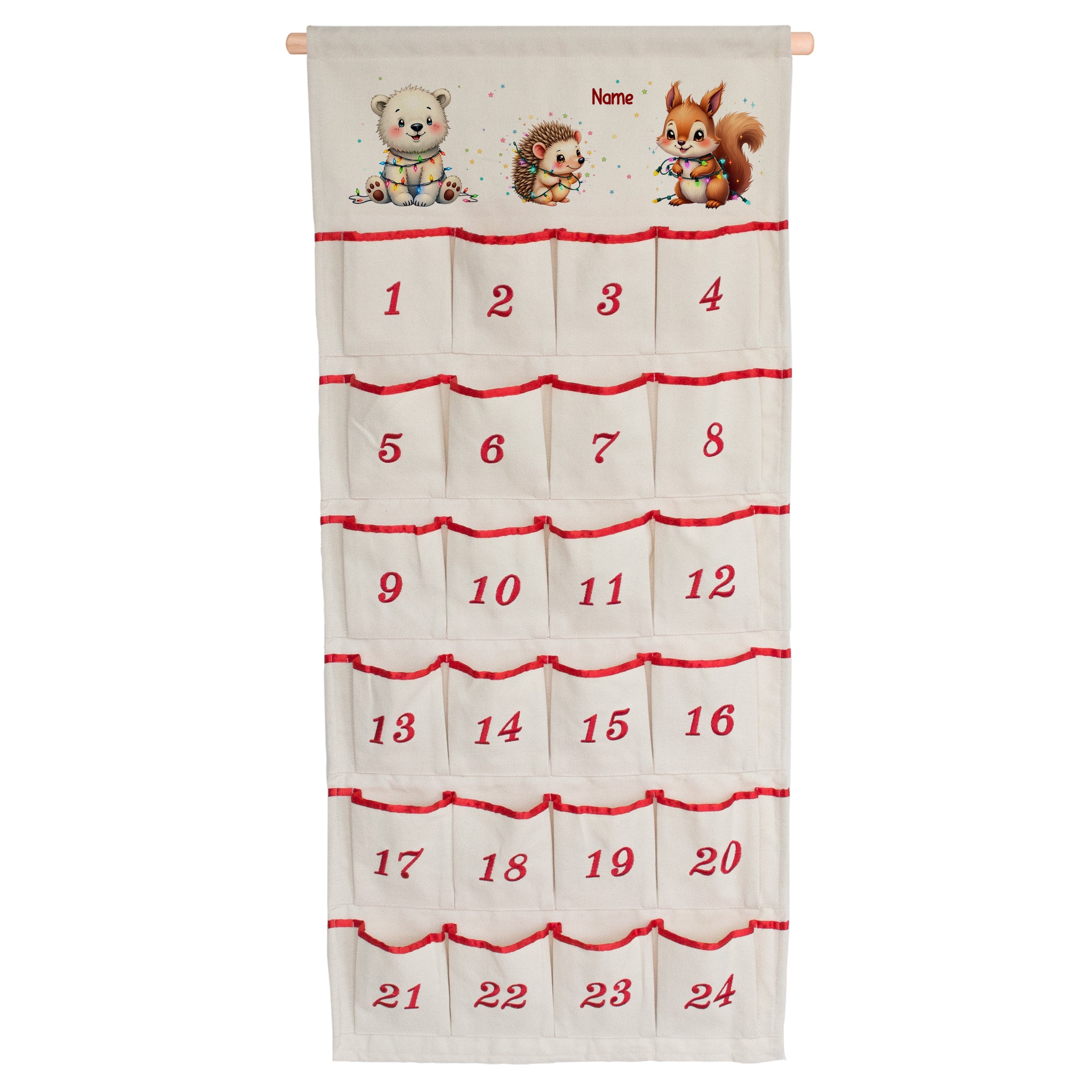 Adventskalender aus Stoff mit Wunschname, Bär, Igel, Eichhörnchen und 24 nummerierten Taschen