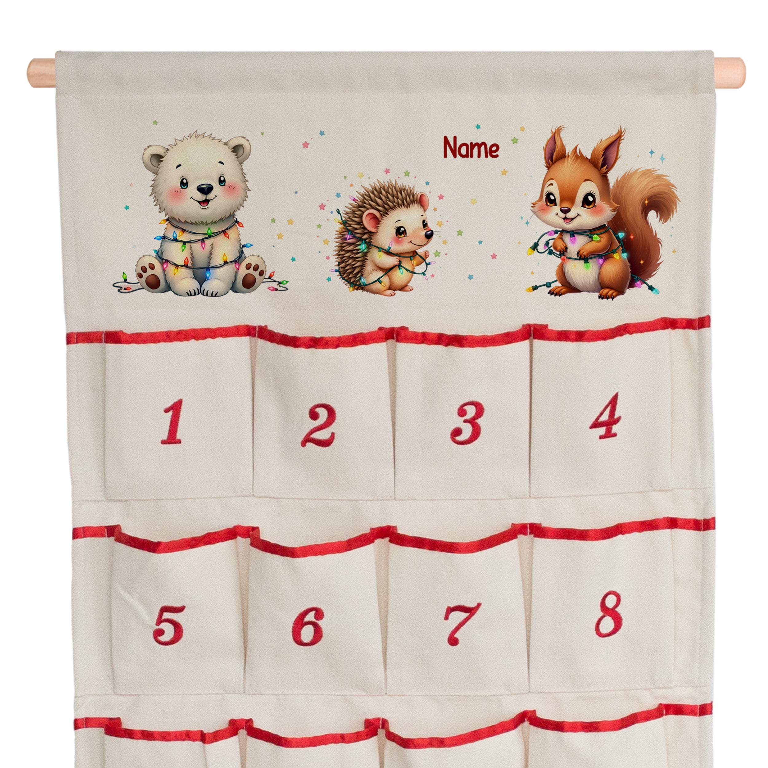 Wandorganizer mit Tiermotiven, beige mit roten Akzenten.