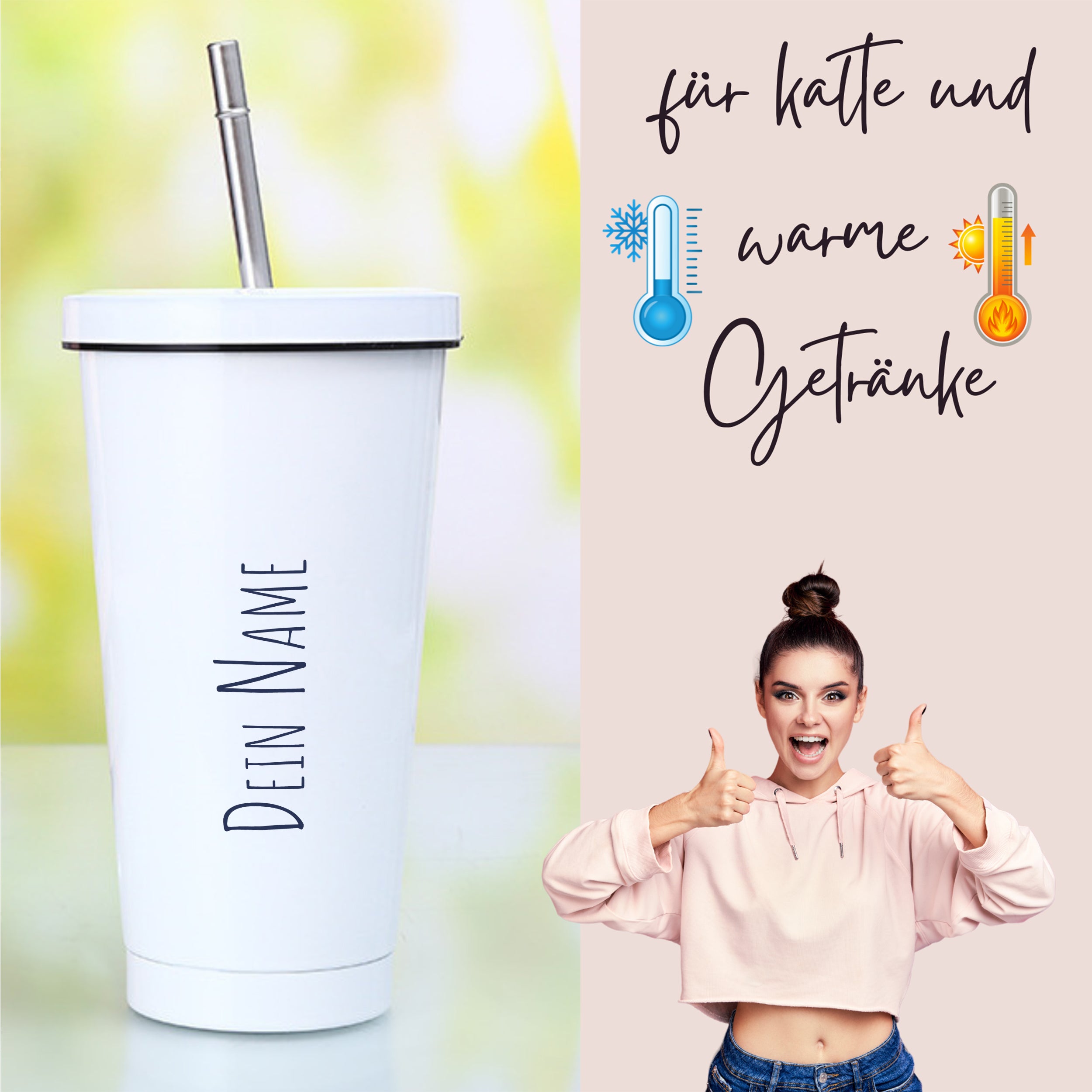 Trinkbecher mit Deckel und Strohhalm