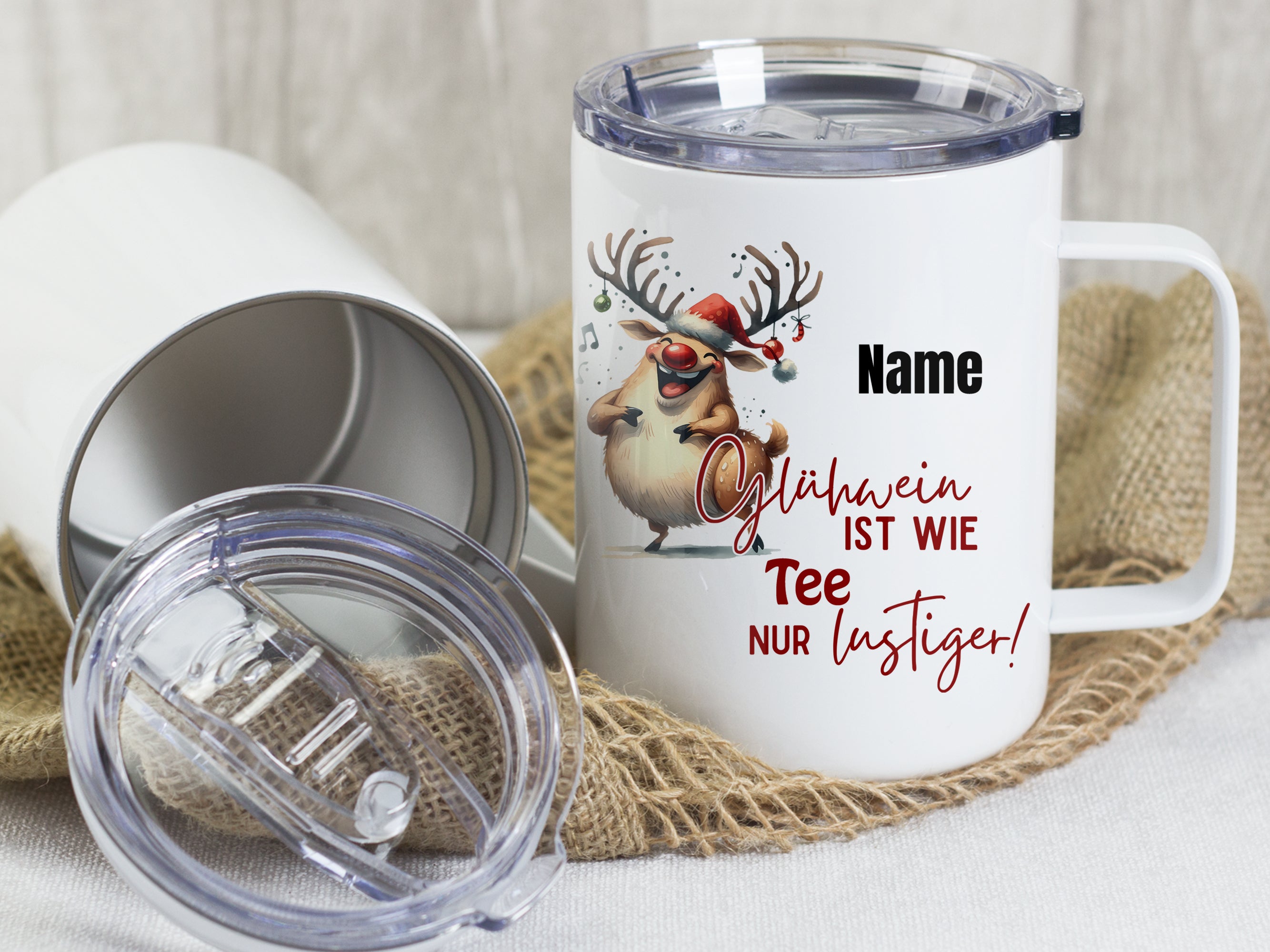 Wanderbecher mit lustigem Rentier