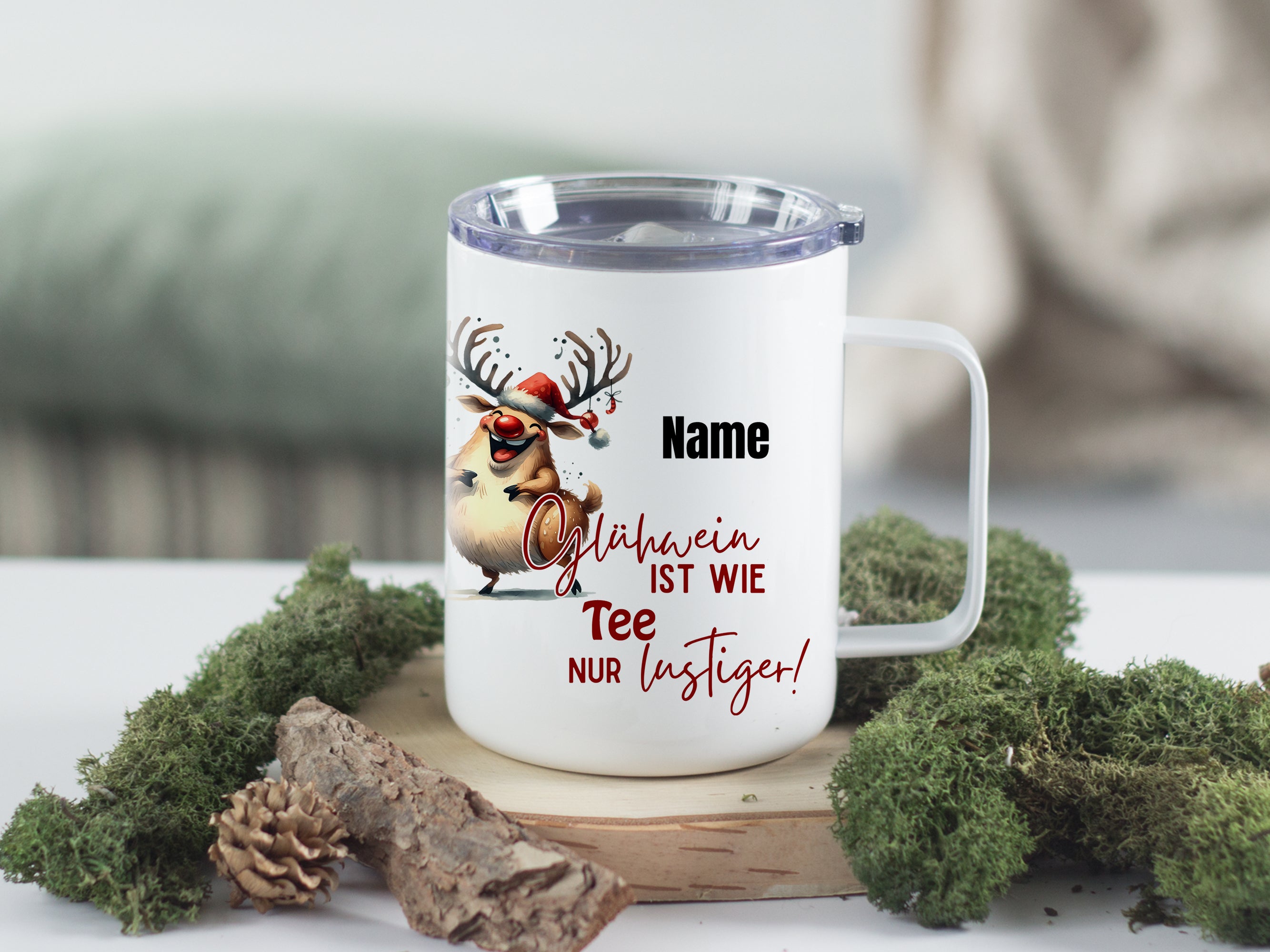 Wanderbecher mit lustigem Rentier