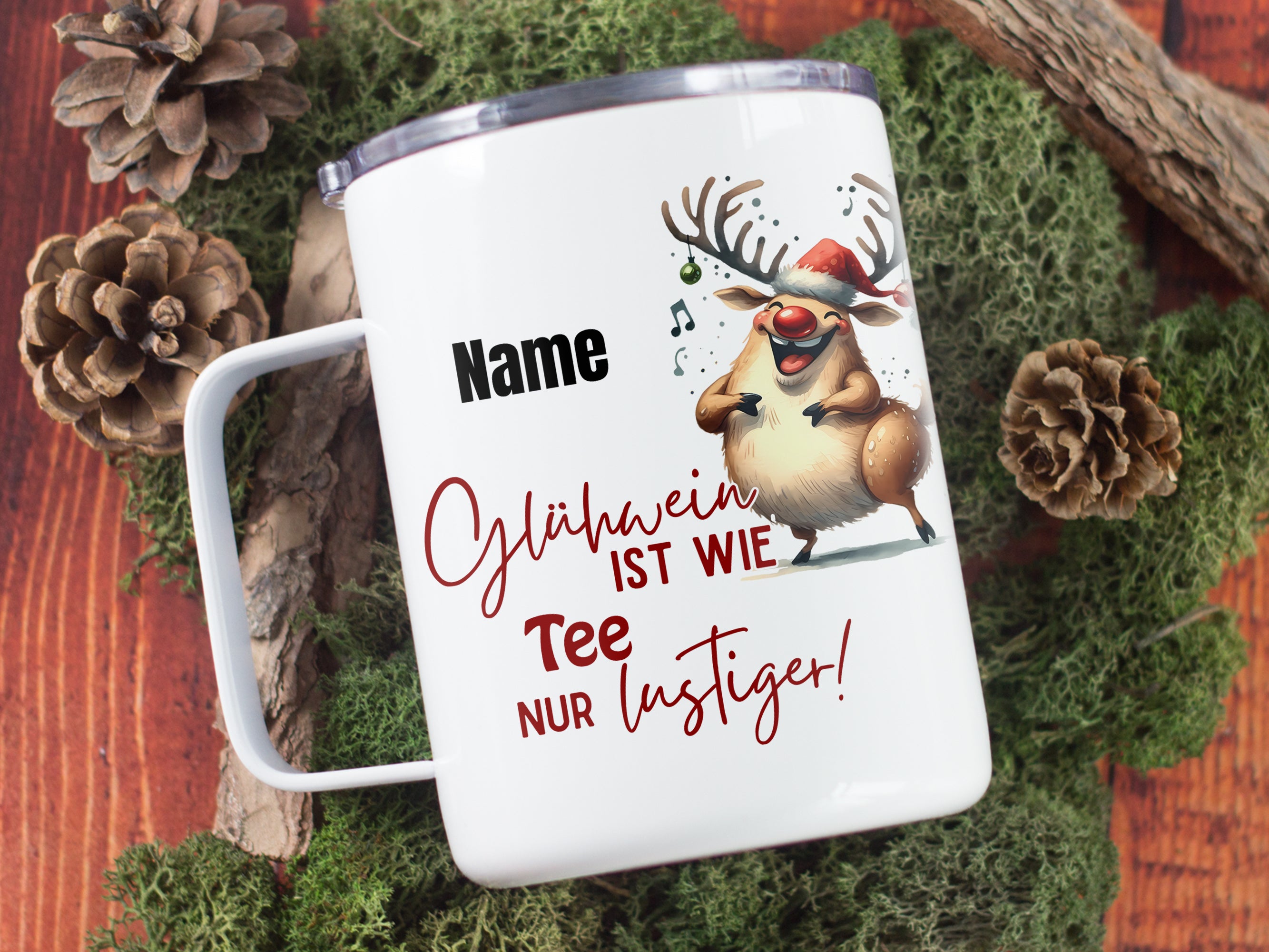Wanderbecher mit lustigem Rentier