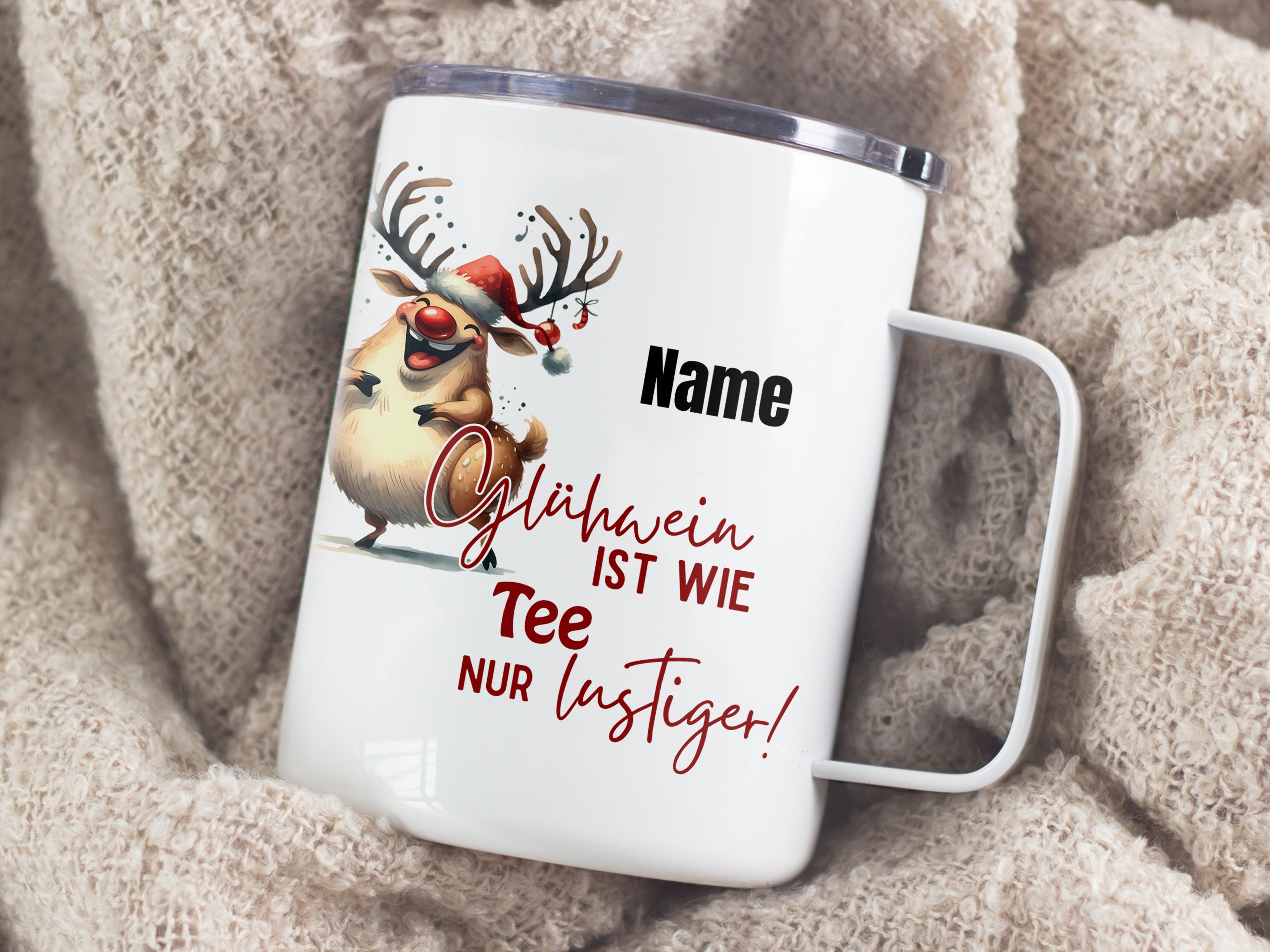 Wanderbecher mit lustigem Rentier