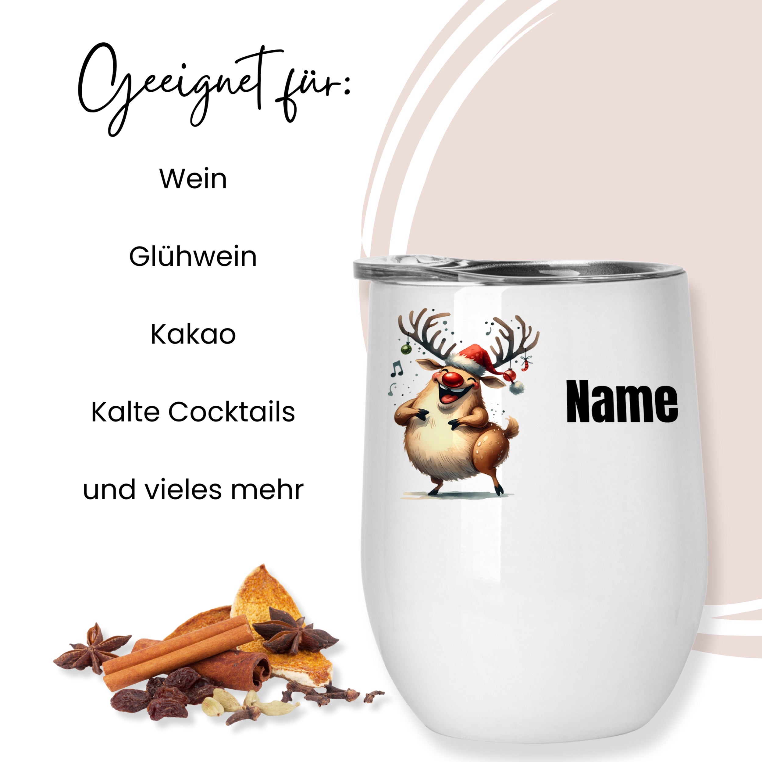 Weißer Becher mit Rentier-Motiv für Getränke.