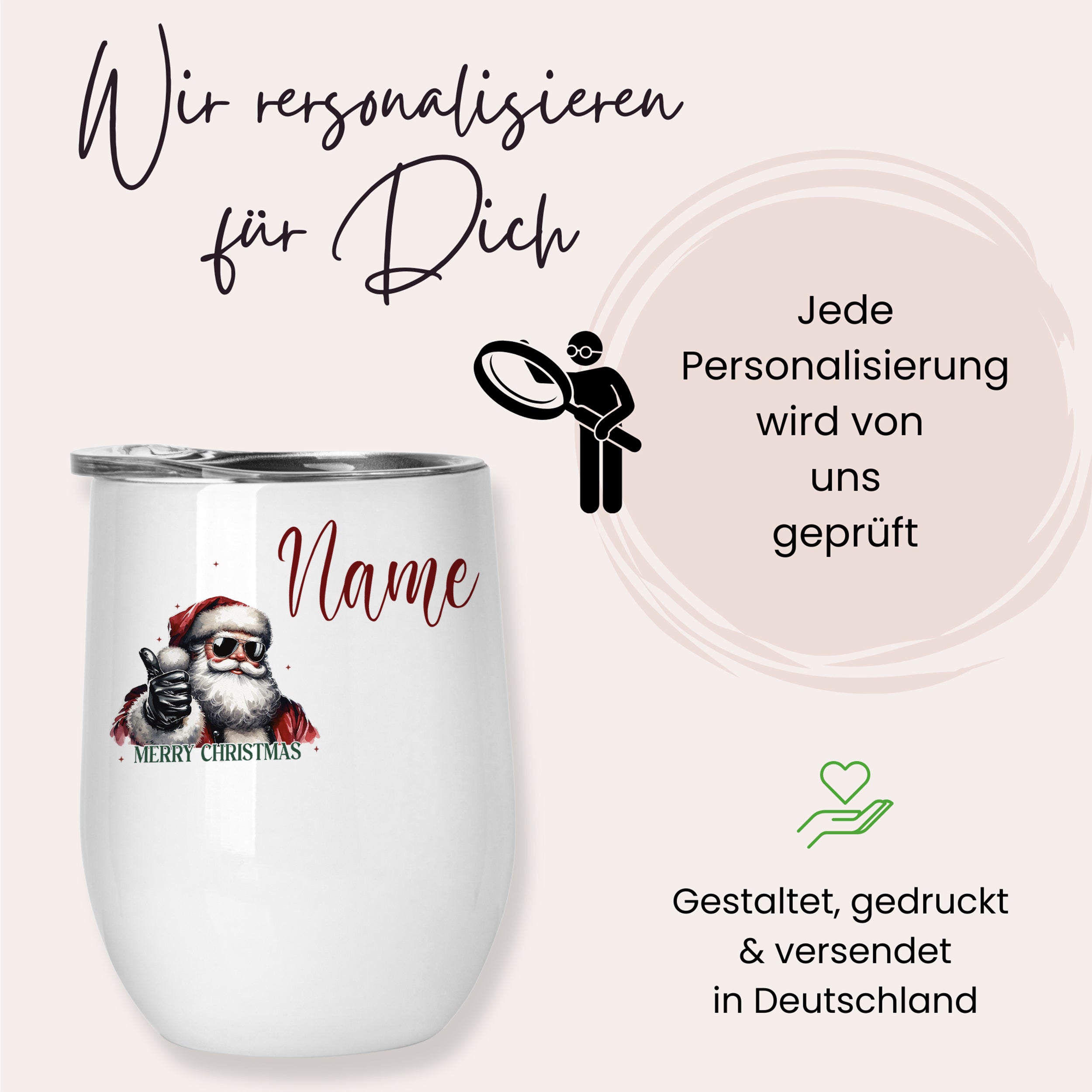 Weißer Becher mit Weihnachtsmann-Motiv und personalisierbarem Namen.