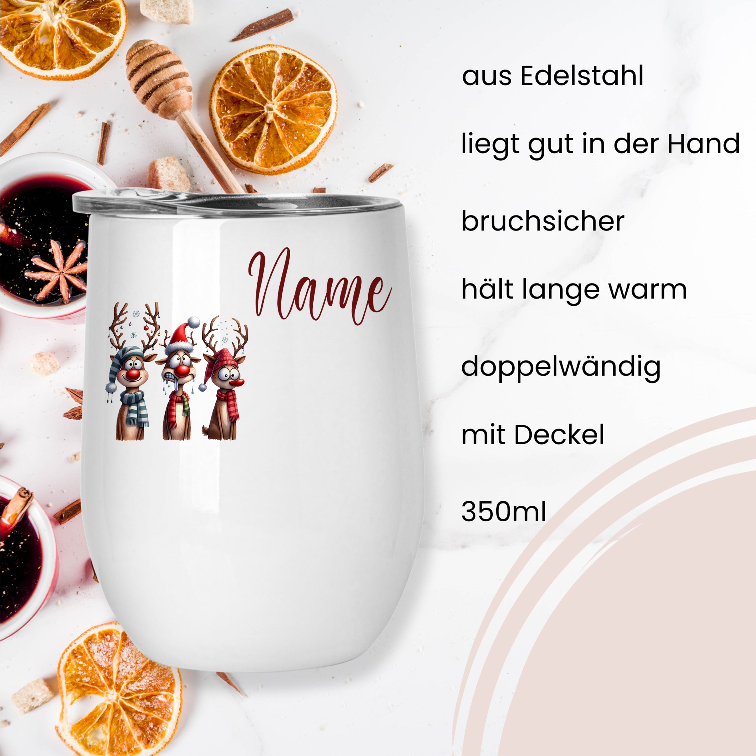 Edelstahlbecher mit Deckel, 350ml, bruchsicher, weihnachtliches Design.