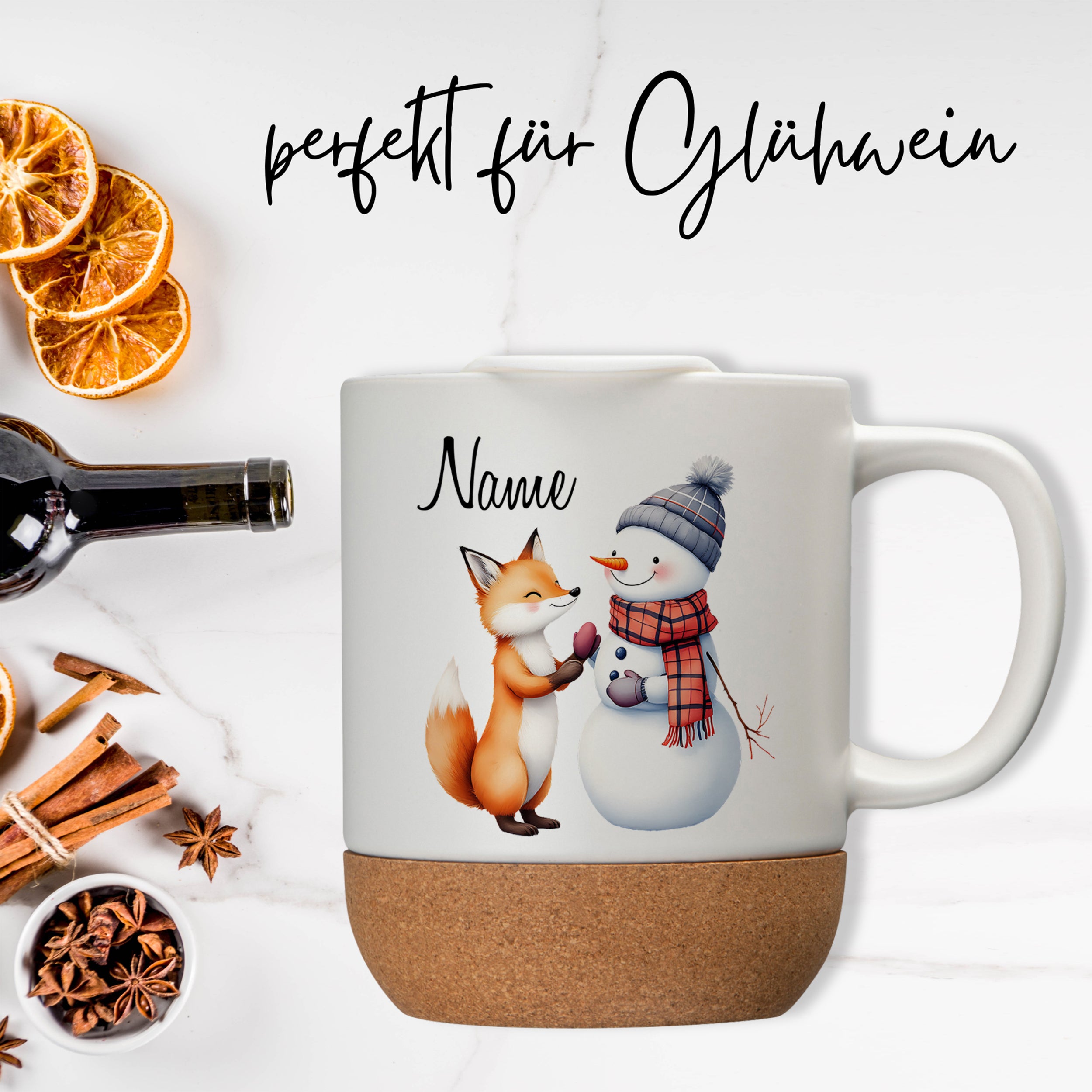 Tasse mit Deckel und Korkboden - Winterliche Freundschaft