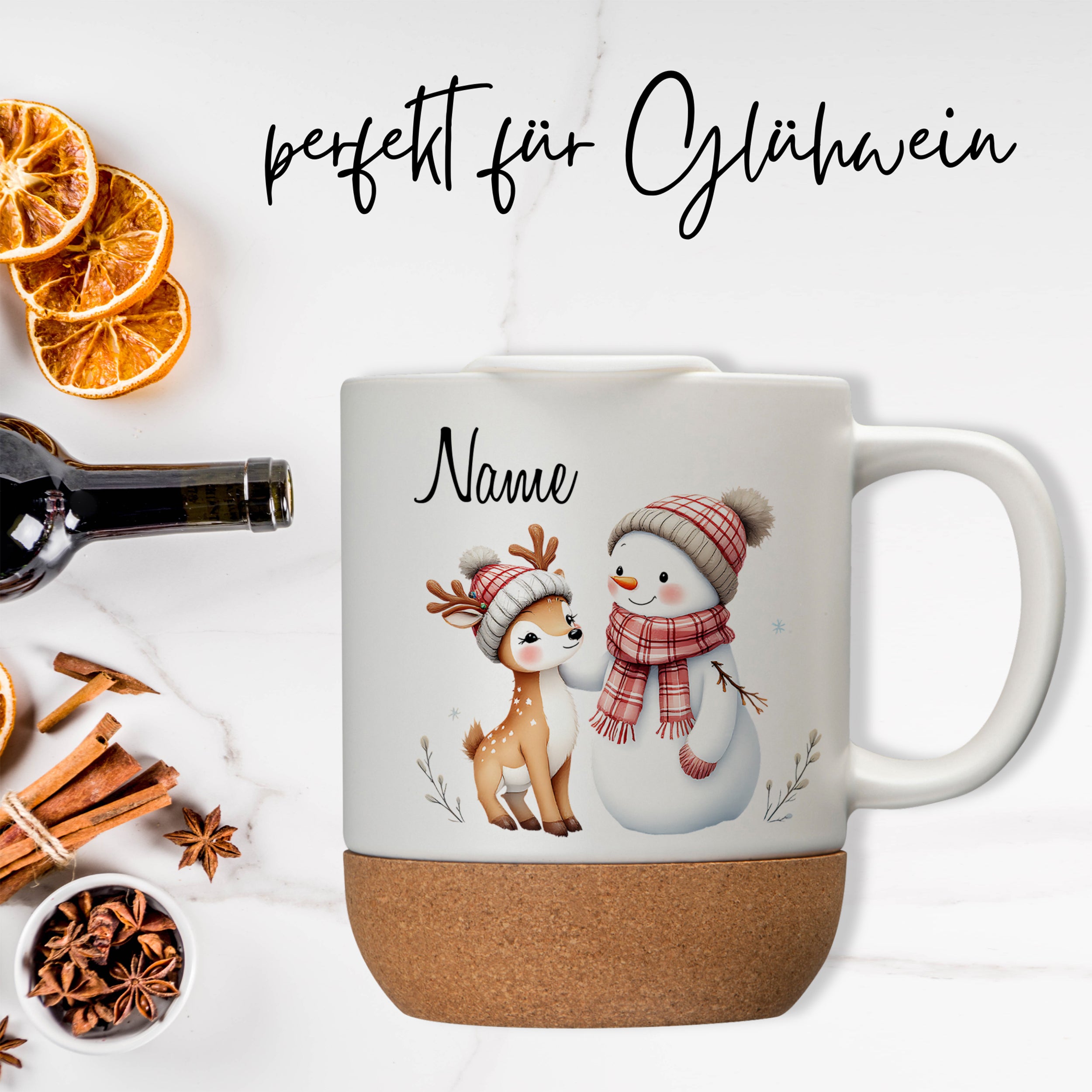 Tasse mit Deckel und Korkboden - Winterliche Gemütlichkeit