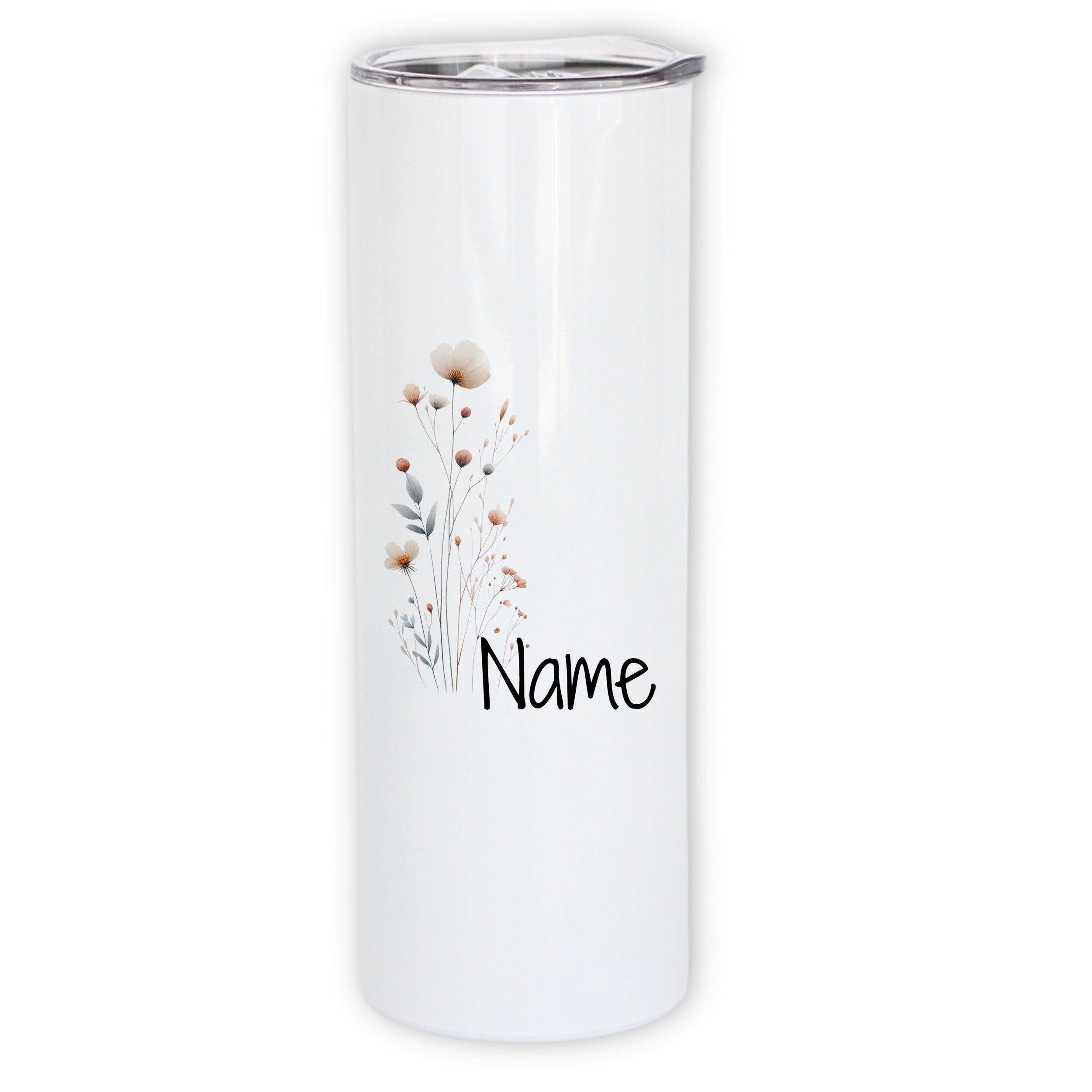 Weißer Becher mit floralen Motiven und personalisierbarem Namen.