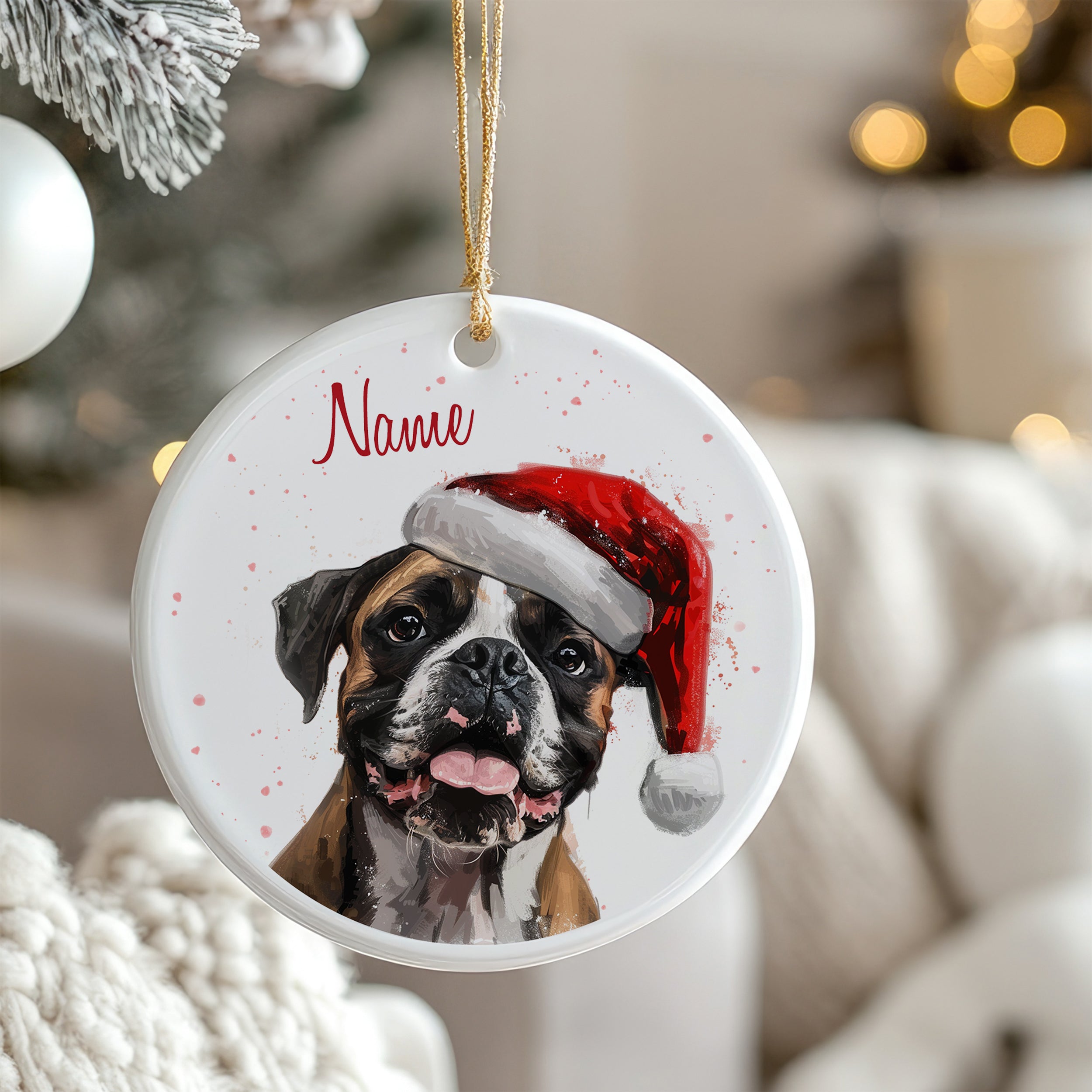 Hund mit Weihnachtsmütze, runder Ornament, personalisierbar.