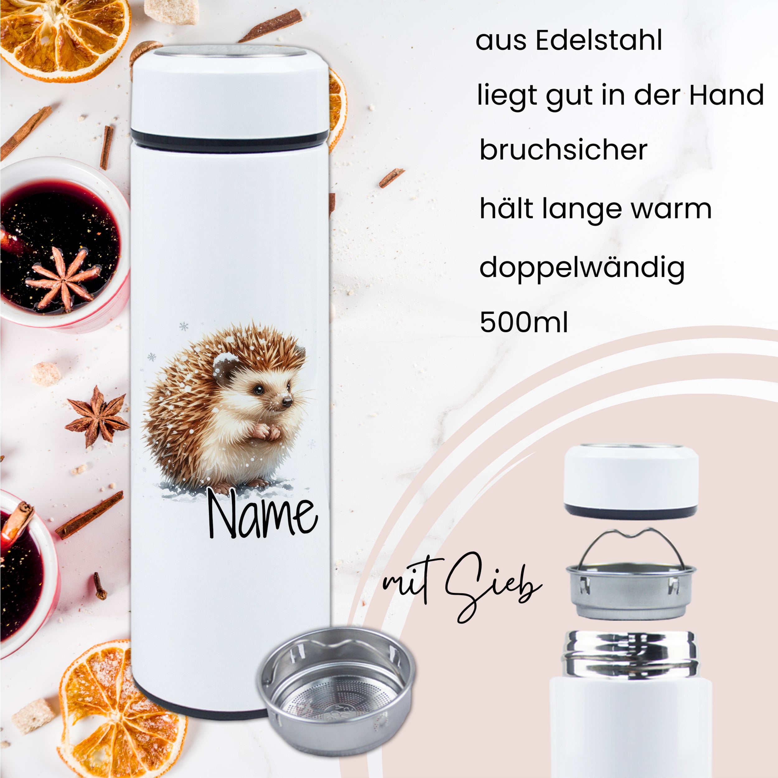 Edelstahl-Wasserflasche mit Igel-Motiv, 500ml, bruchsicher.