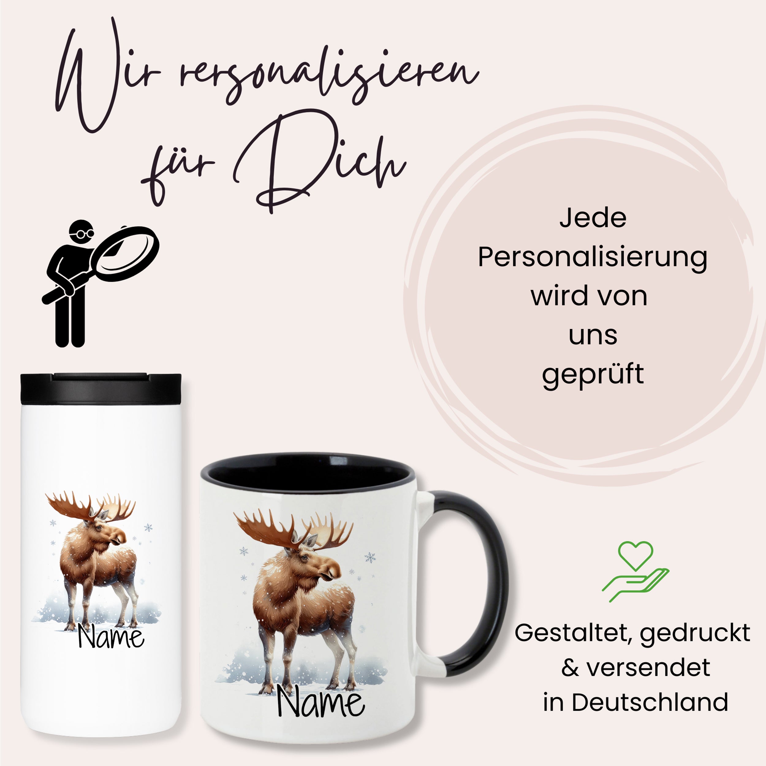 Personalisierte Tassen und Becher mit Elch-Motiv.