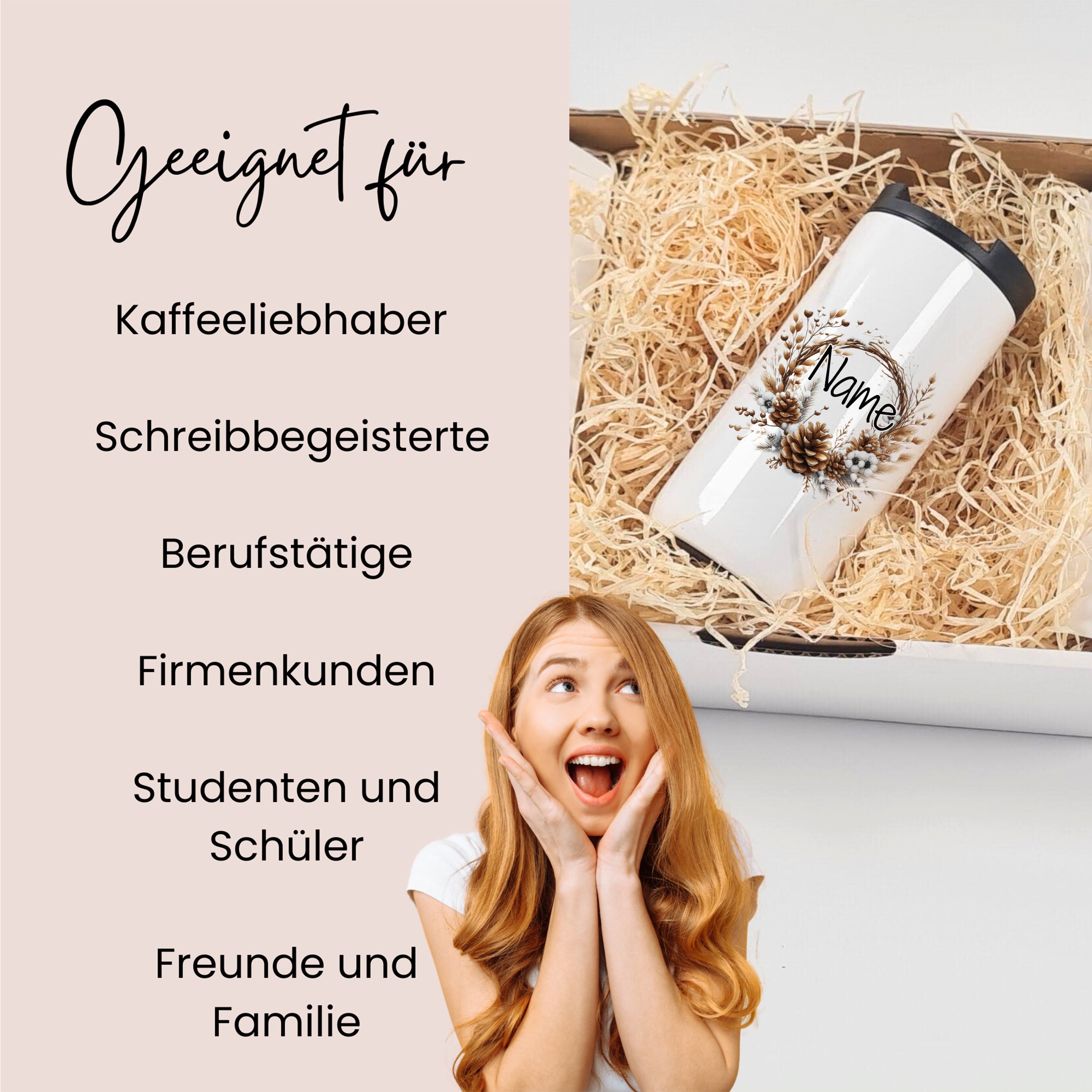 Weißer Kaffeebecher mit personalisierbarem Namen und Blumenmotiv.