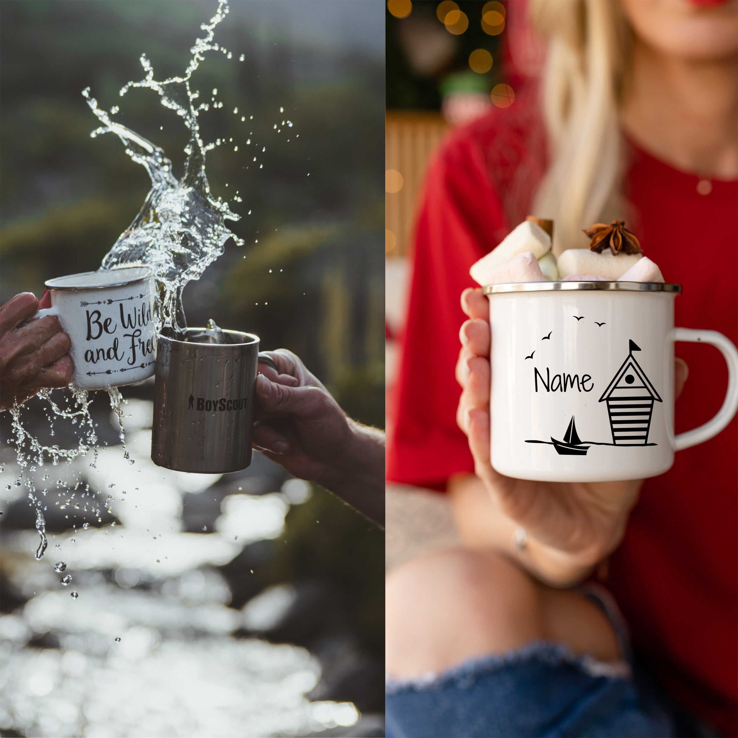 Tasse mit Spruch und personalisierbarem Design, weiß und metallisch.