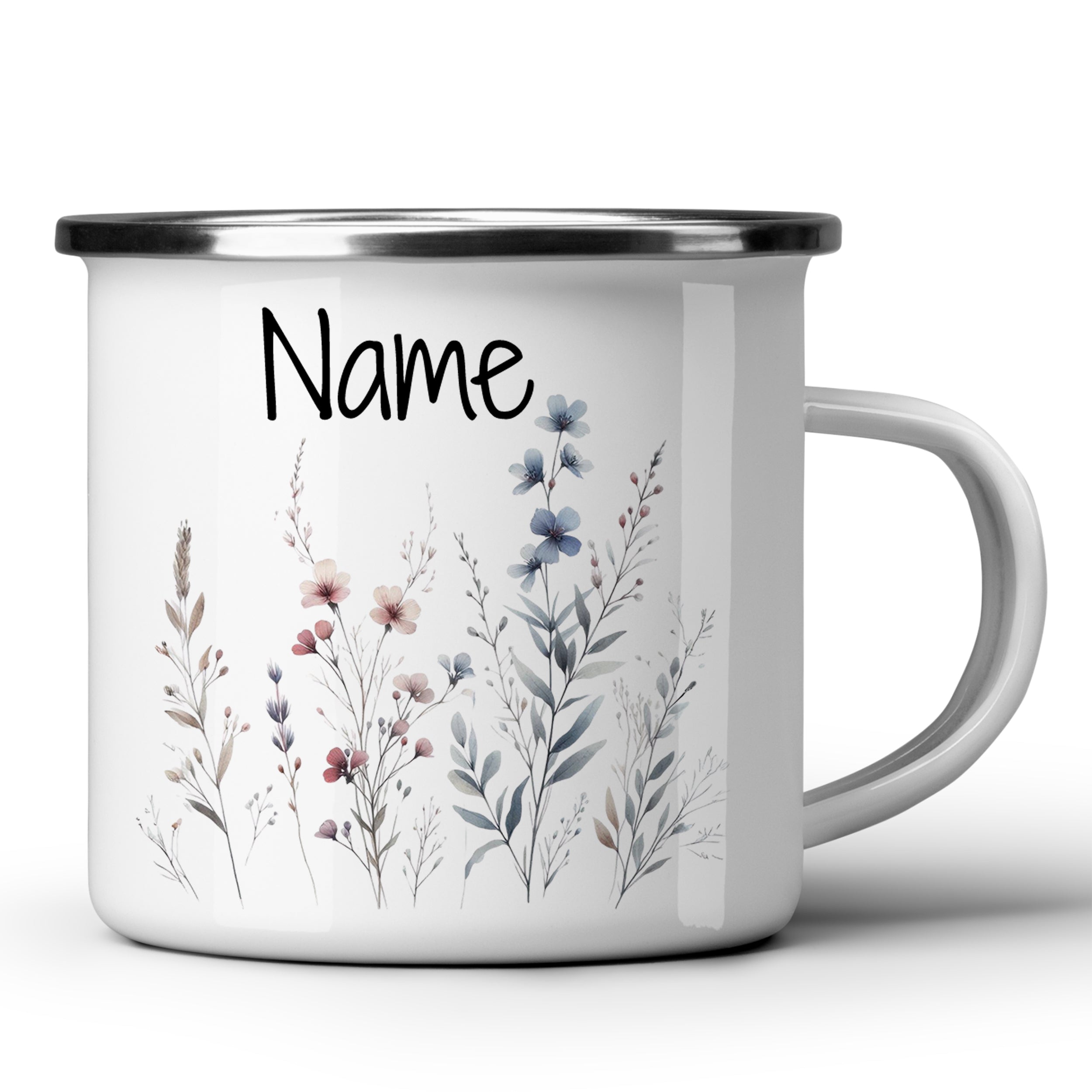 Emaille Becher mit Blumenmotiv