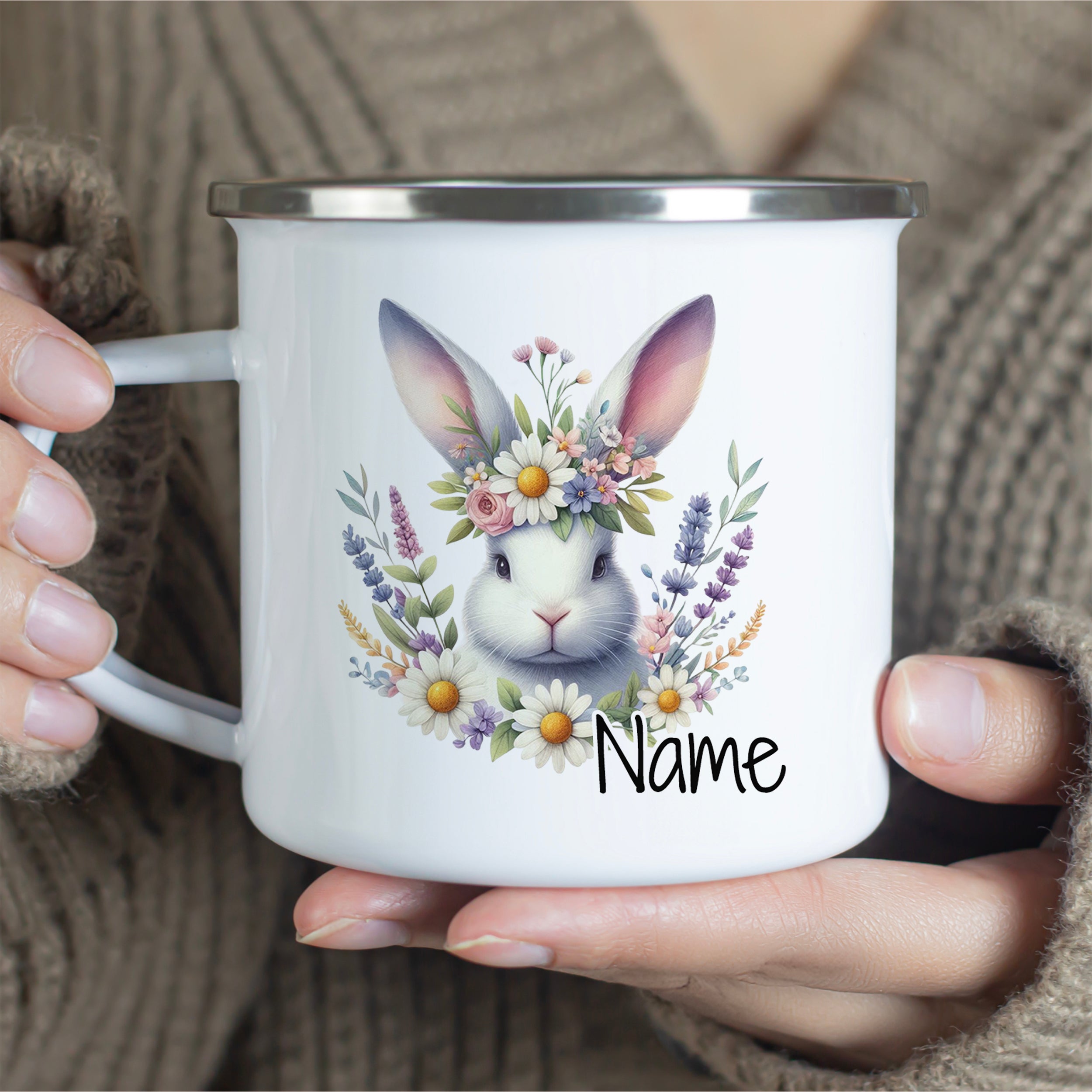 Emaille Becher mit Hasenmotiv