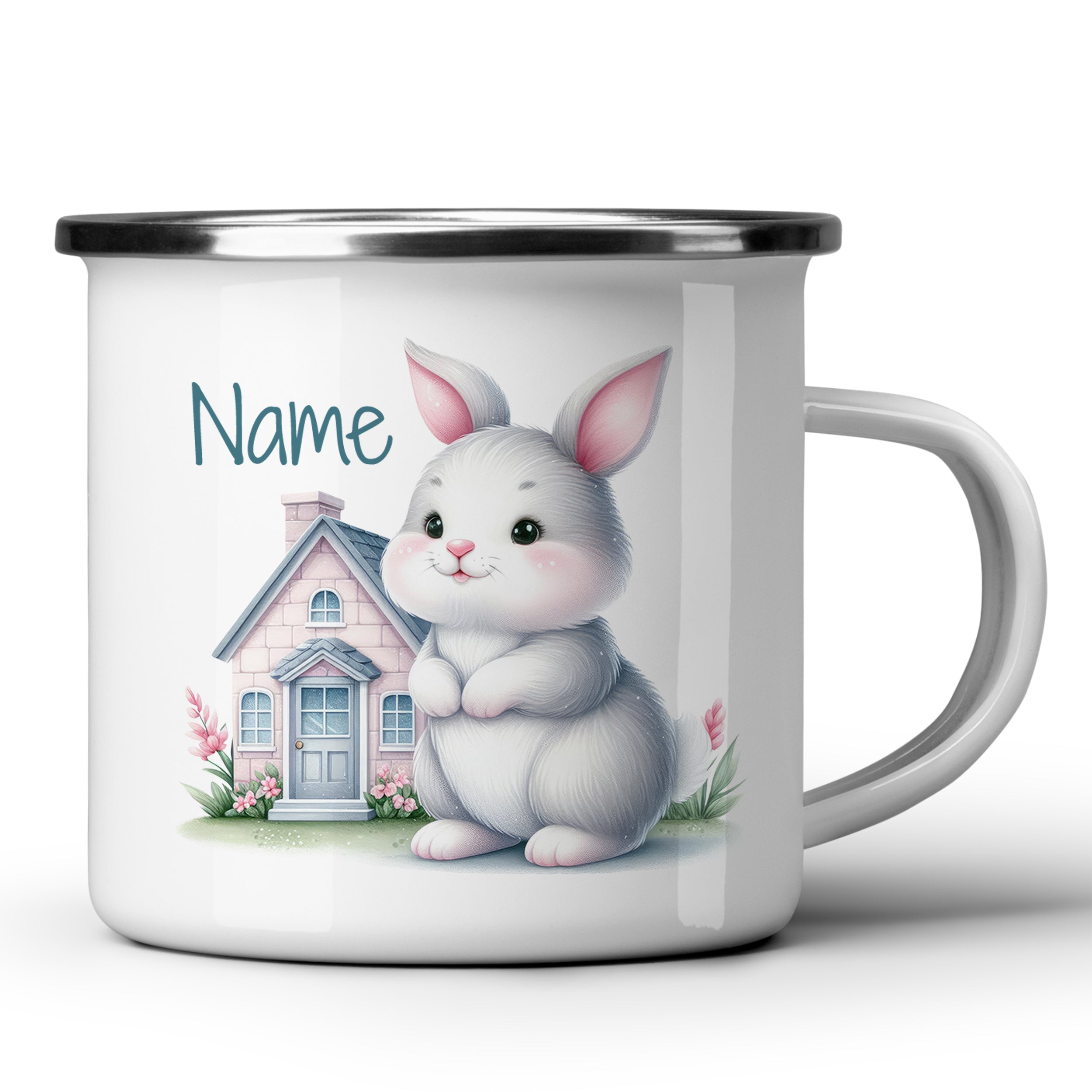 Emaille Becher mit niedlichem Hasenmotiv