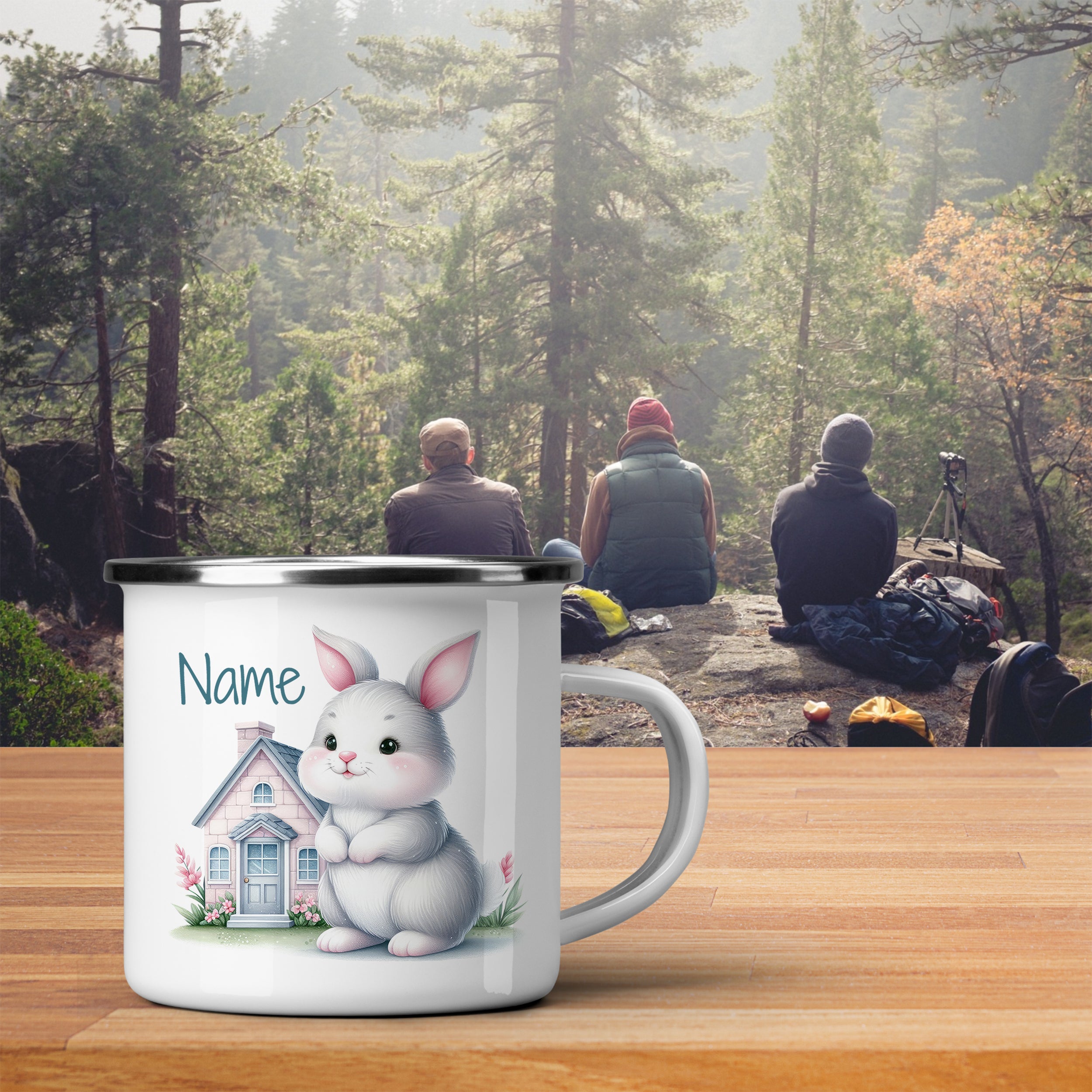 Emaille Becher mit niedlichem Hasenmotiv