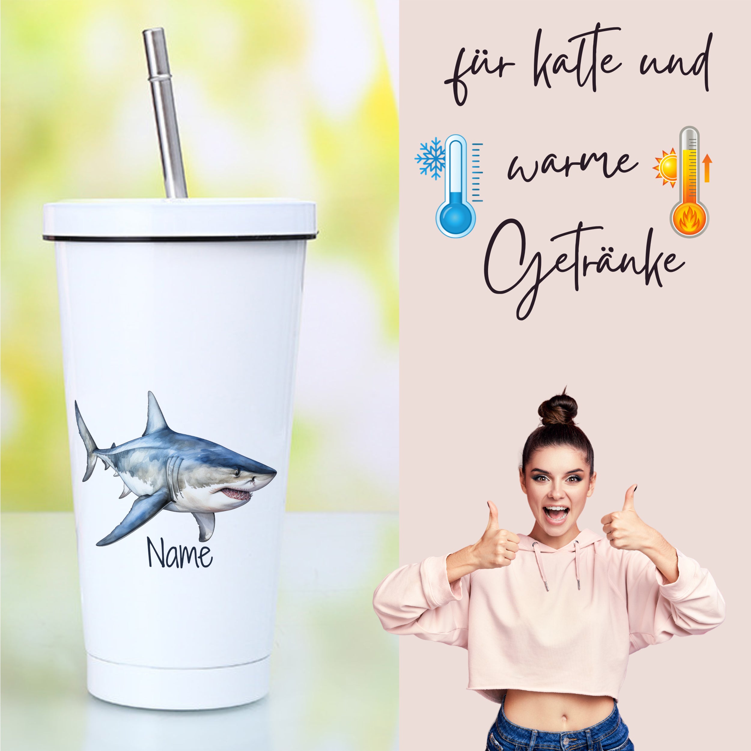 Trinkbecher mit Hai-Motiv