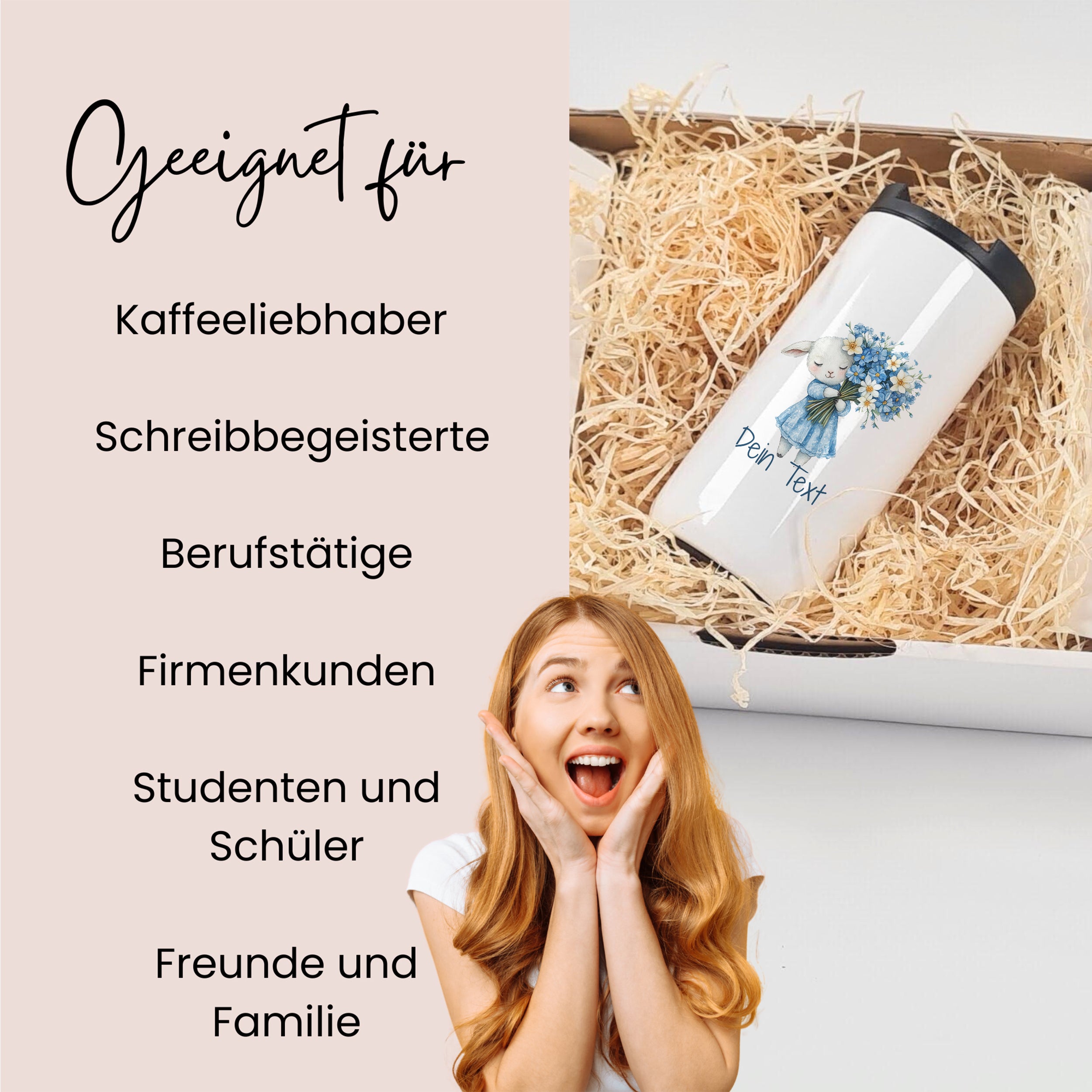 Thermobecher mit Blumenmotiv, weiß, für verschiedene Zielgruppen.