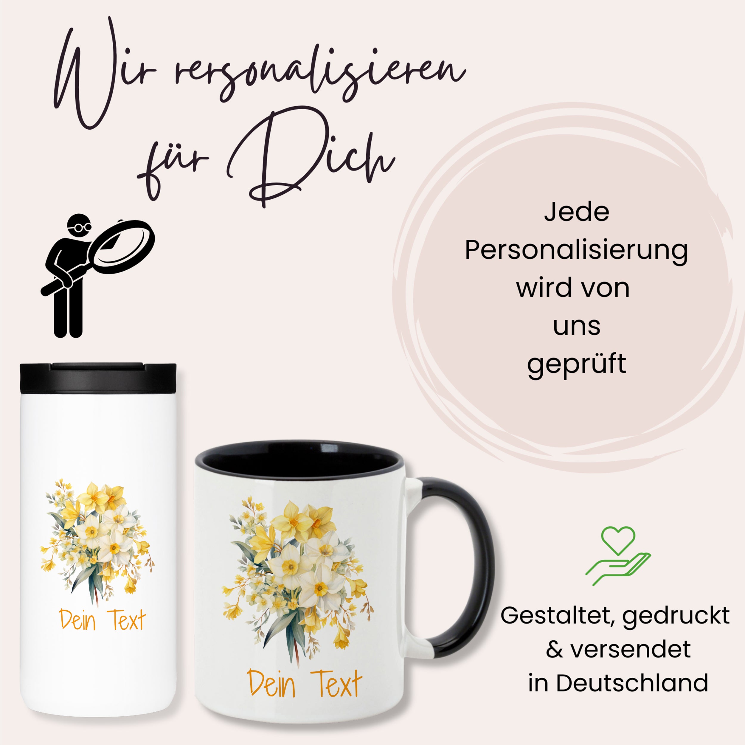 Personalisierte Tasse und Becher mit gelben Blumen.