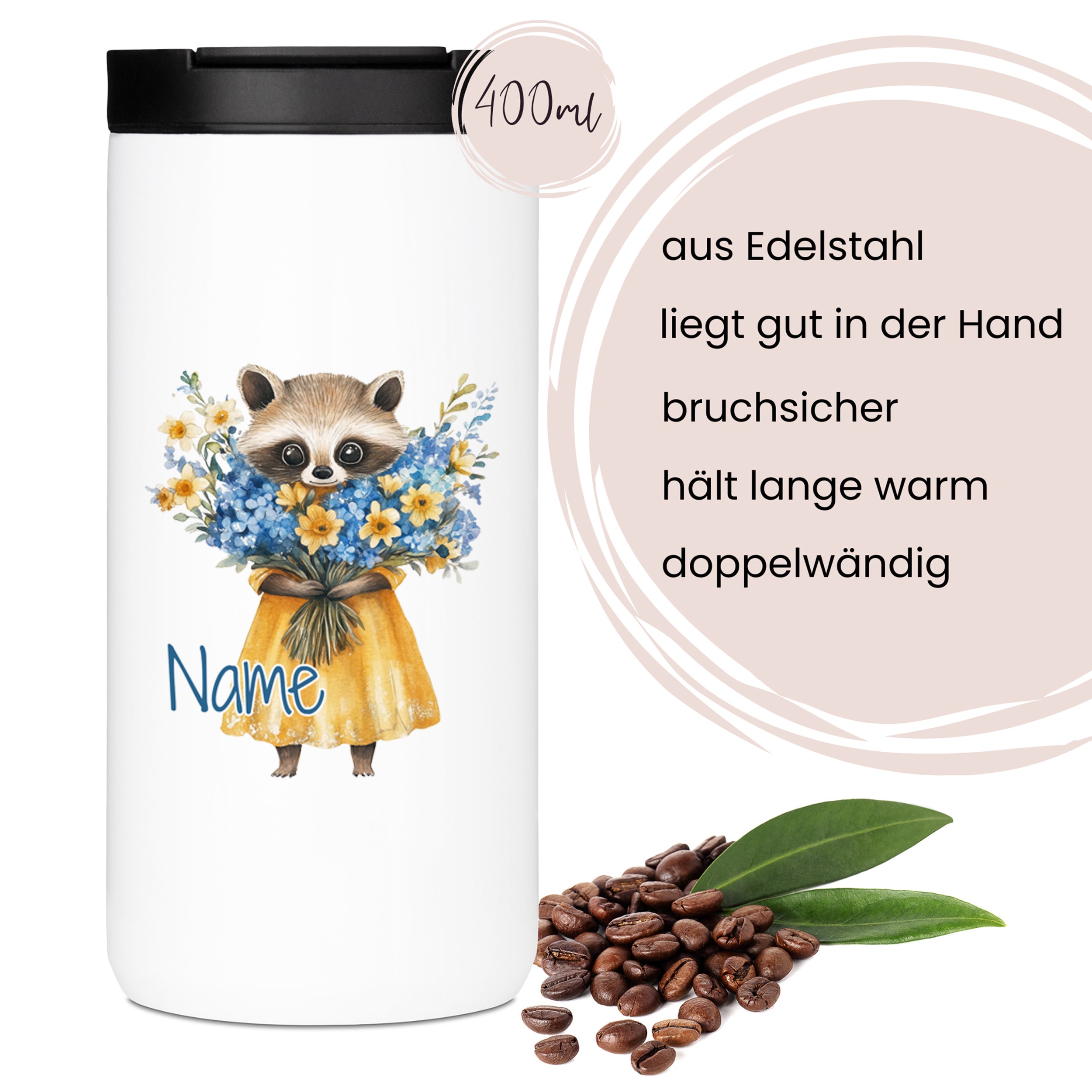 Edelstahlbecher mit Waschbär-Motiv, 400 ml, doppelwandig.